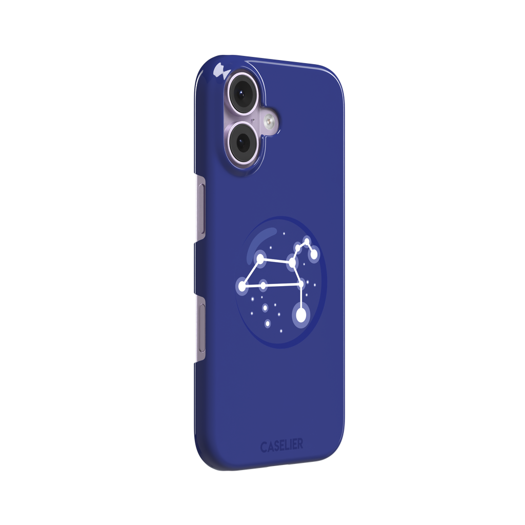 Starsigns phone case showing the Leo constellation as a glowing white quadrilateral star map inside a blue orb on a cobalt blue case, phone case by Caselier — snap case, left view