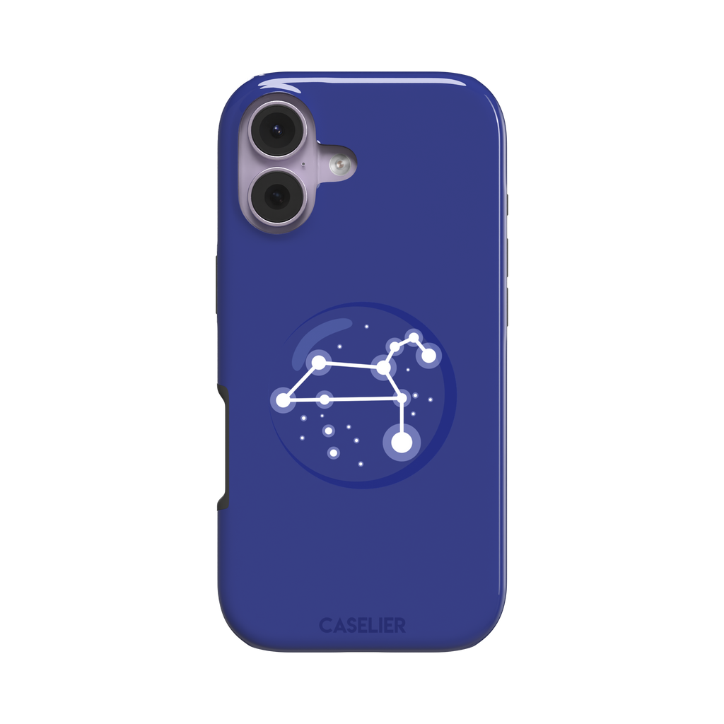 Starsigns phone case showing the Leo constellation as a glowing white quadrilateral star map inside a blue orb on a cobalt blue case, phone case by Caselier — tough case, front view