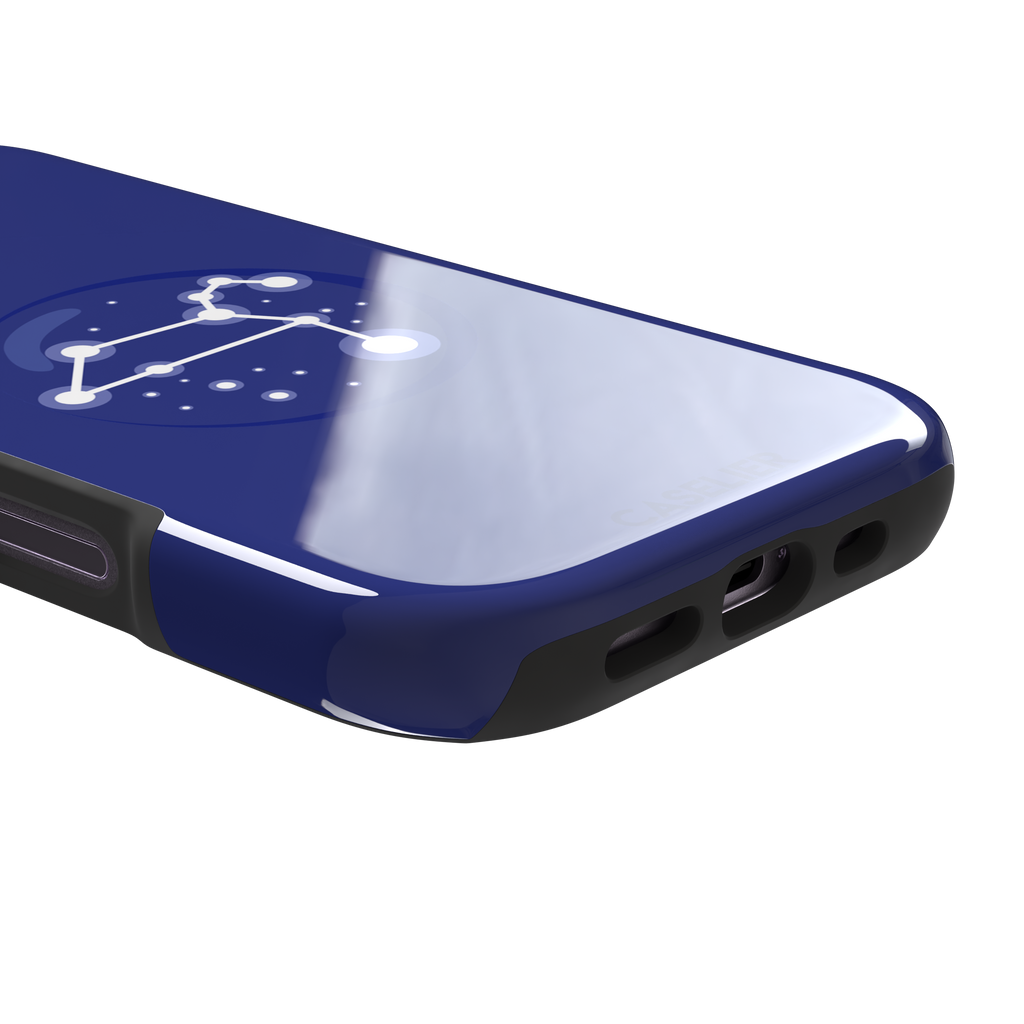Starsigns phone case showing the Leo constellation as a glowing white quadrilateral star map inside a blue orb on a cobalt blue case, phone case by Caselier — tough case, charging port detail