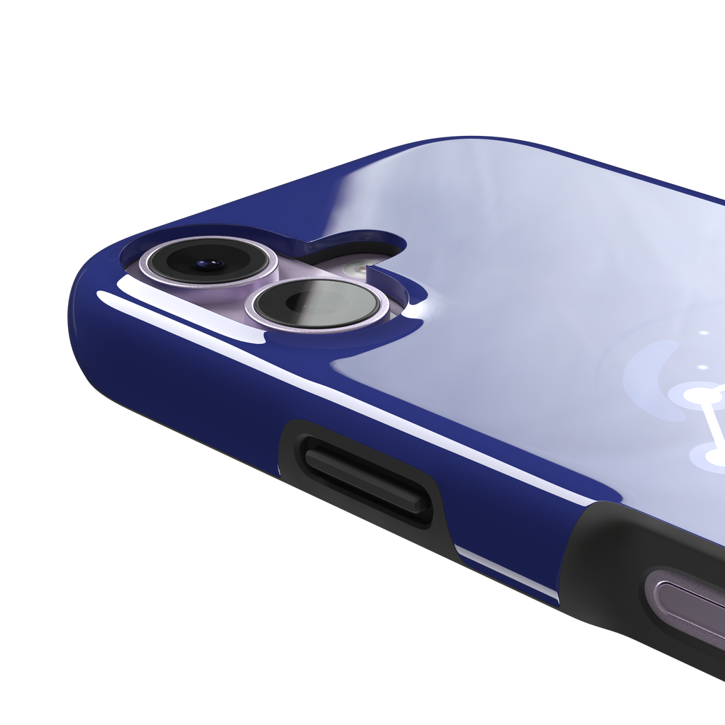 Starsigns phone case showing the Leo constellation as a glowing white quadrilateral star map inside a blue orb on a cobalt blue case, phone case by Caselier — tough case, volume buttons detail