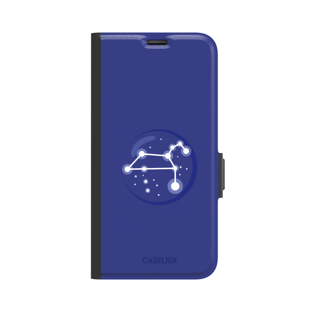 Starsigns phone case showing the Leo constellation as a glowing white quadrilateral star map inside a blue orb on a cobalt blue case, phone case by Caselier — wallet case, front view