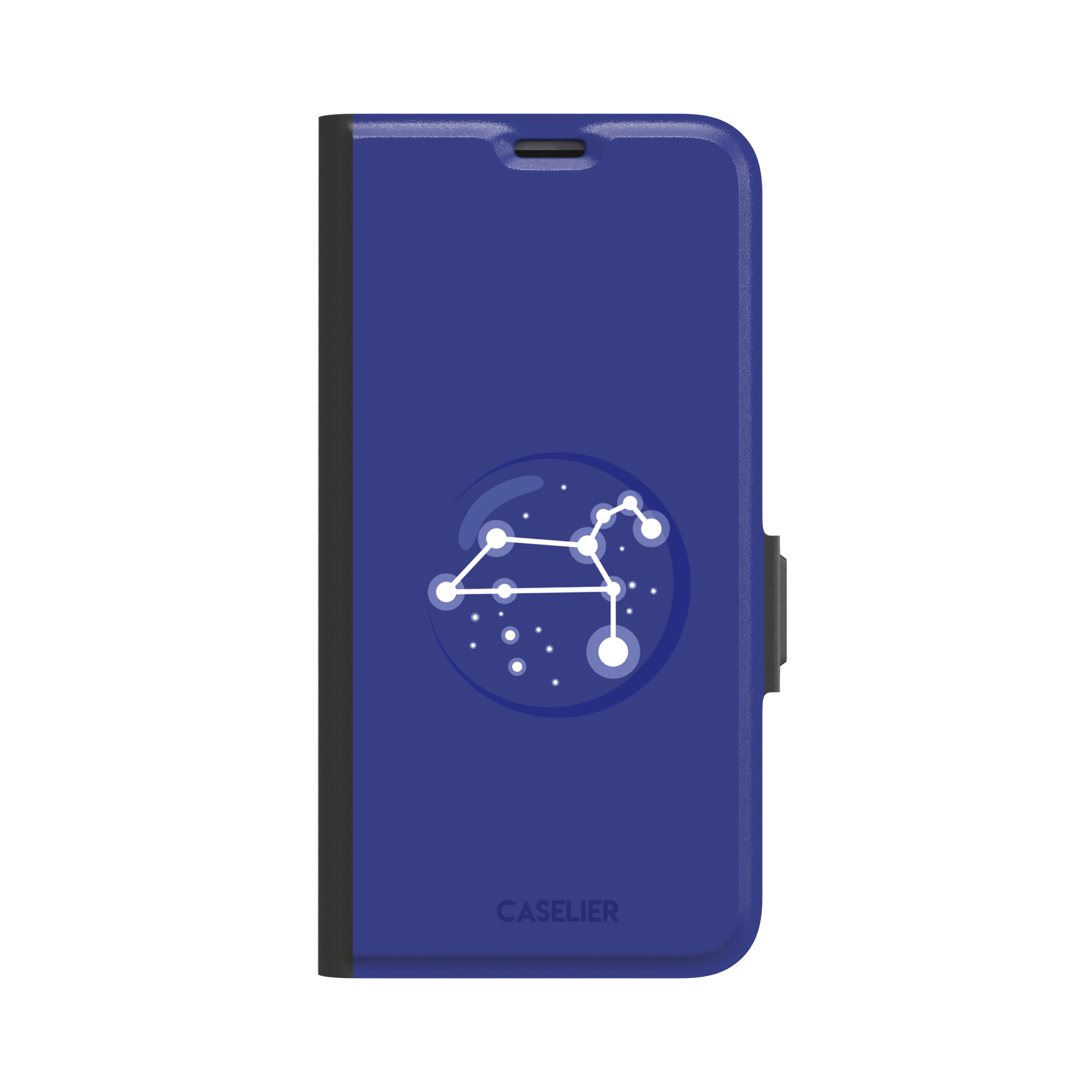 Starsigns phone case showing the Leo constellation as a glowing white quadrilateral star map inside a blue orb on a cobalt blue case, phone case by Caselier — wallet case, front view