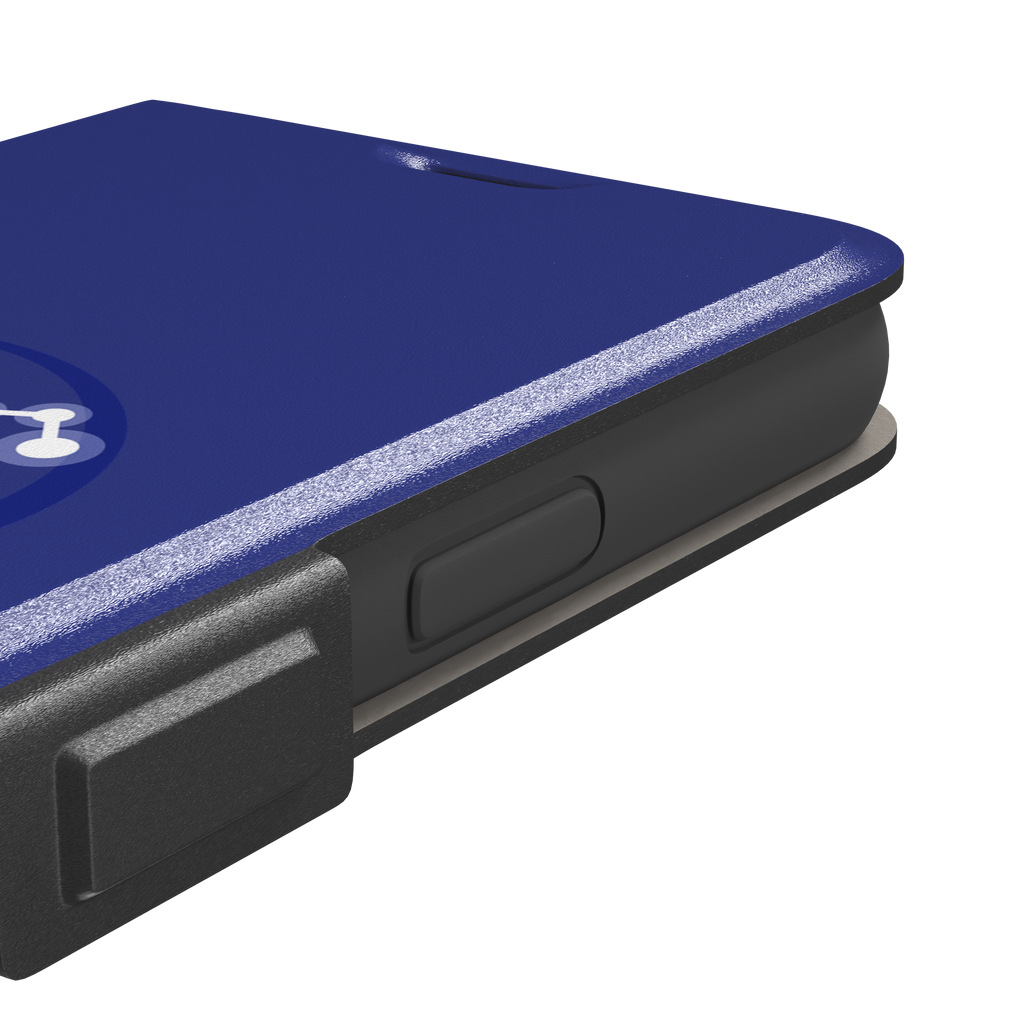 Starsigns phone case showing the Leo constellation as a glowing white quadrilateral star map inside a blue orb on a cobalt blue case, phone case by Caselier — wallet case, volume buttons detail