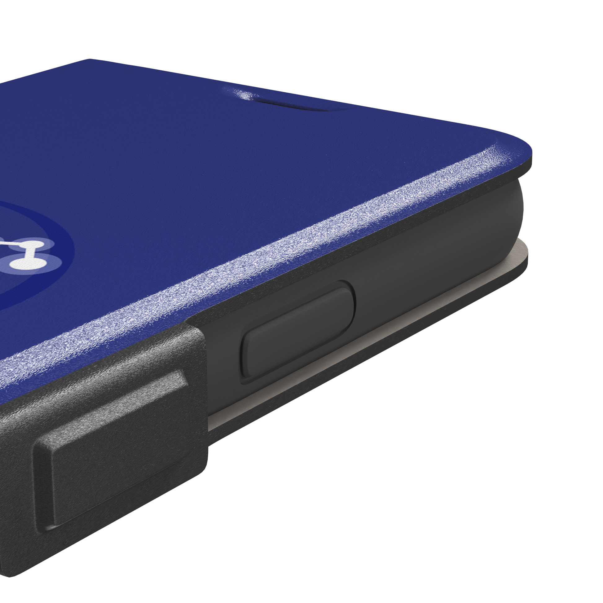 Starsigns phone case showing the Leo constellation as a glowing white quadrilateral star map inside a blue orb on a cobalt blue case, phone case by Caselier — wallet case, volume buttons detail