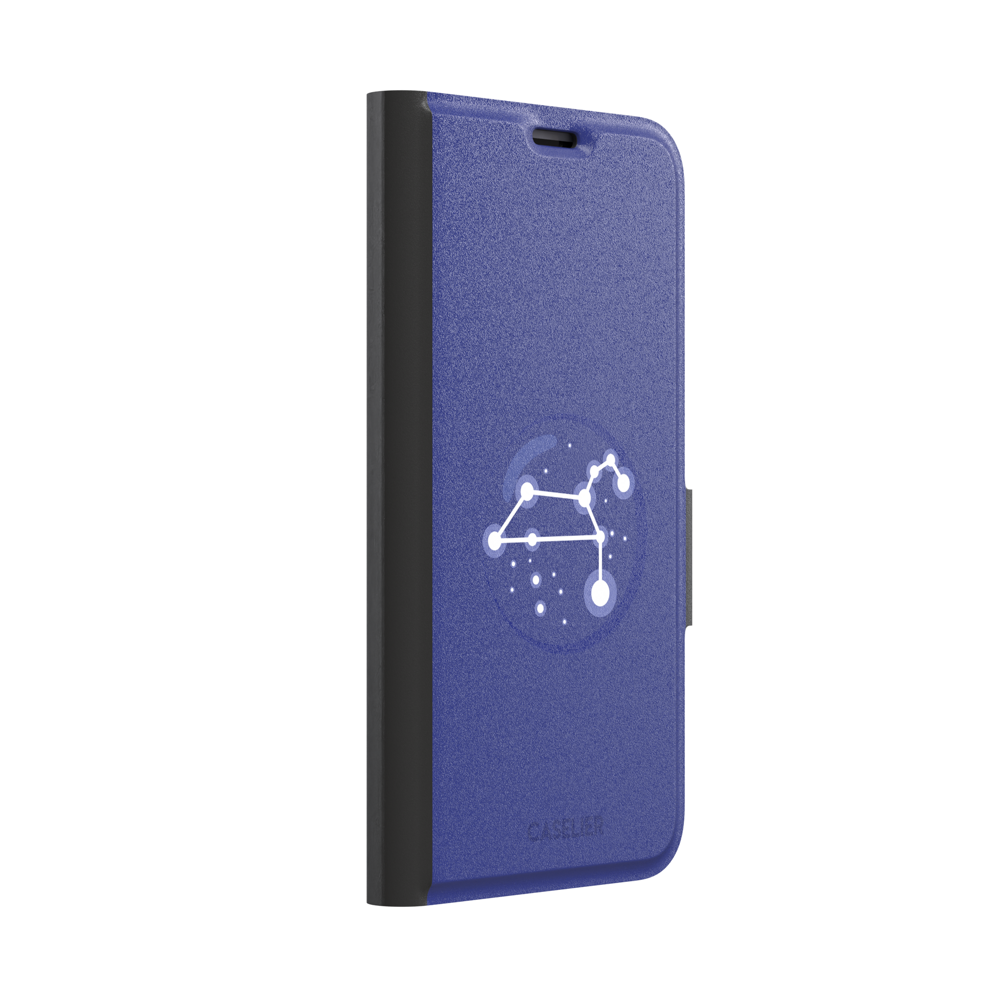 Starsigns phone case showing the Leo constellation as a glowing white quadrilateral star map inside a blue orb on a cobalt blue case, phone case by Caselier — wallet case, left view