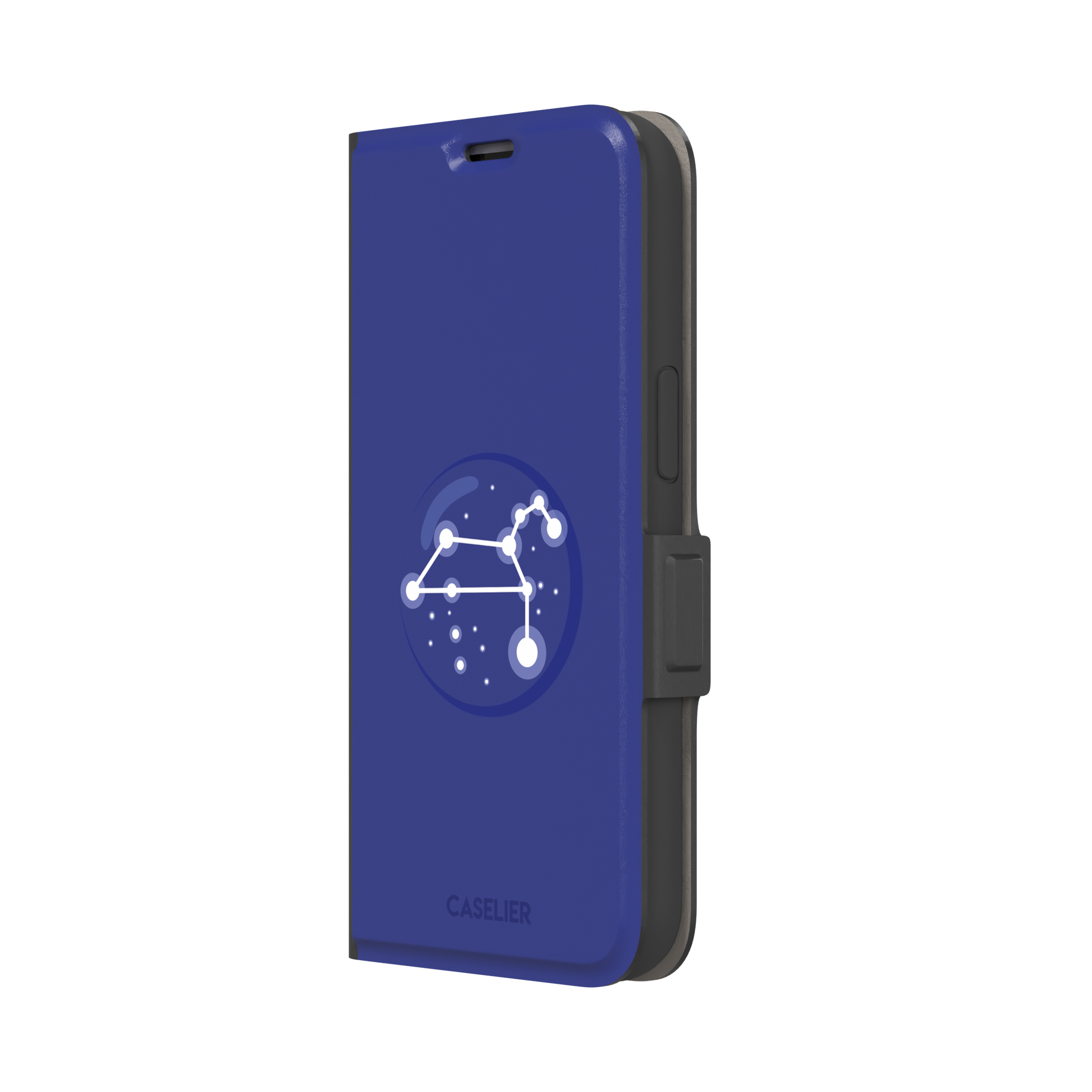 Starsigns phone case showing the Leo constellation as a glowing white quadrilateral star map inside a blue orb on a cobalt blue case, phone case by Caselier — wallet case, right view