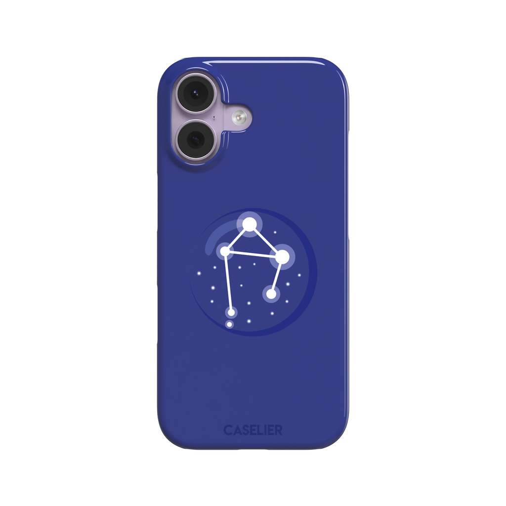 Starsigns phone case showing the Libra constellation as a glowing white balanced star map inside a blue orb on a cobalt blue case, phone case by Caselier — snap case, front view