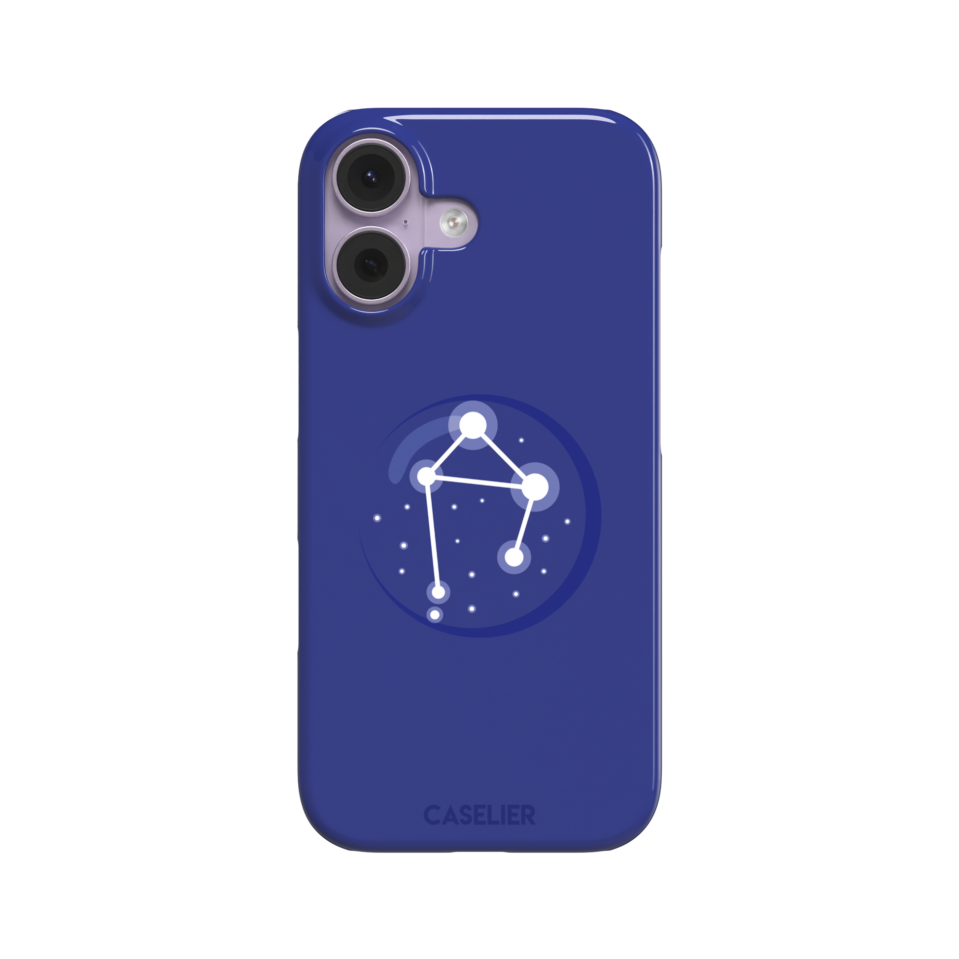 Starsigns phone case showing the Libra constellation as a glowing white balanced star map inside a blue orb on a cobalt blue case, phone case by Caselier — snap case, front view