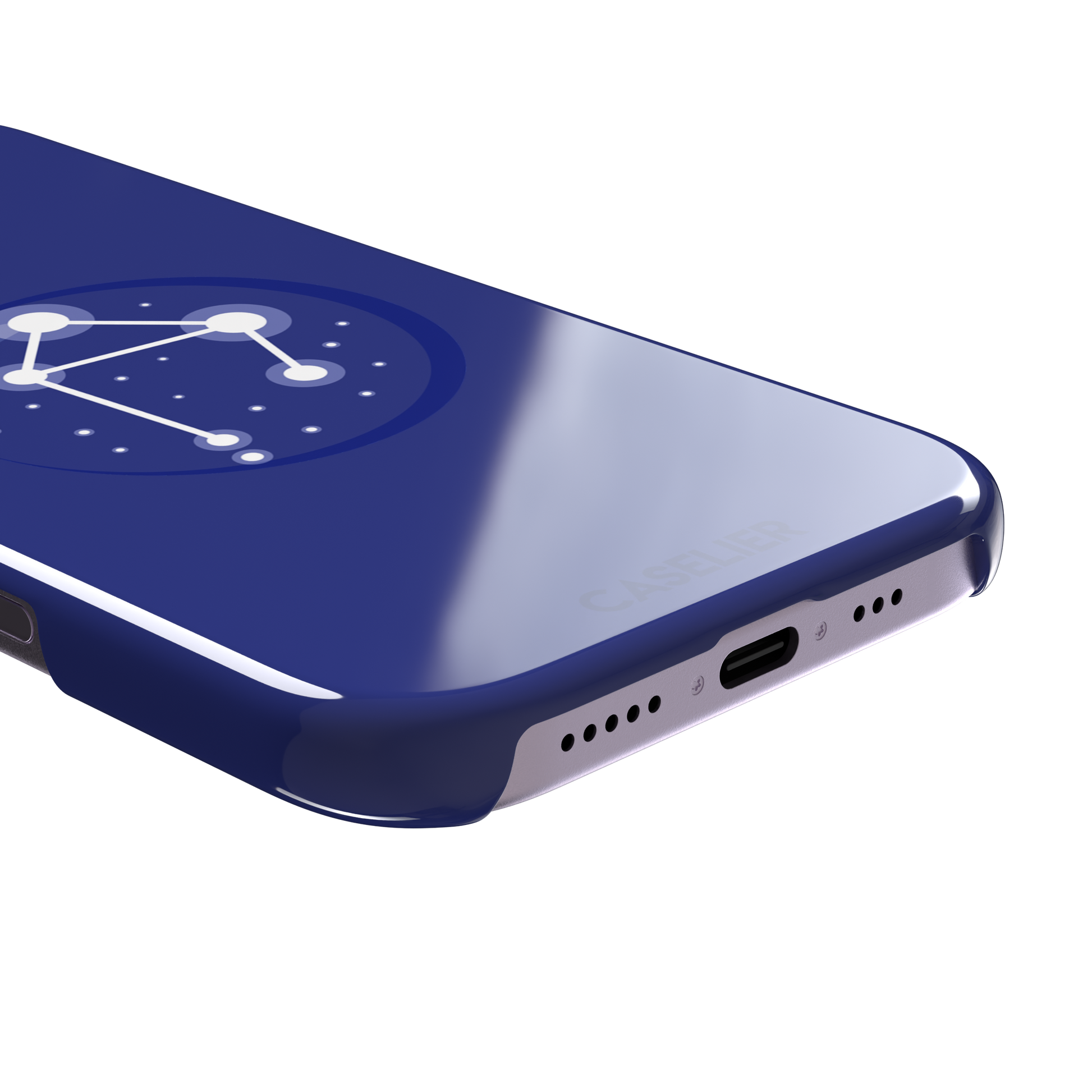 Starsigns phone case showing the Libra constellation as a glowing white balanced star map inside a blue orb on a cobalt blue case, phone case by Caselier — snap case, charging port detail