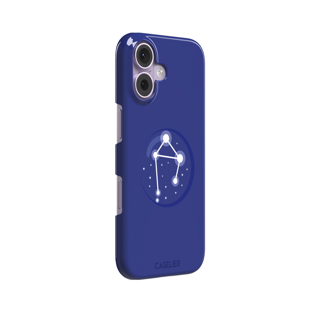 Starsigns phone case showing the Libra constellation as a glowing white balanced star map inside a blue orb on a cobalt blue case, phone case by Caselier — snap case, left view