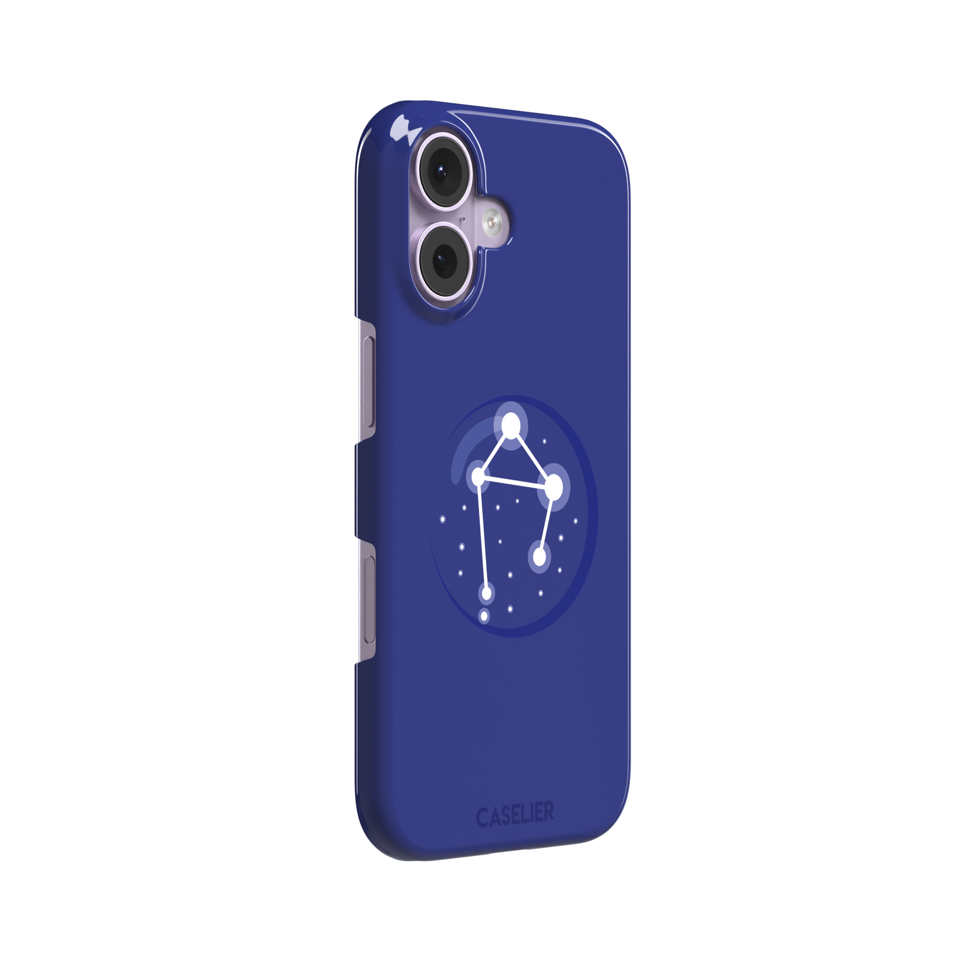 Starsigns phone case showing the Libra constellation as a glowing white balanced star map inside a blue orb on a cobalt blue case, phone case by Caselier — snap case, left view