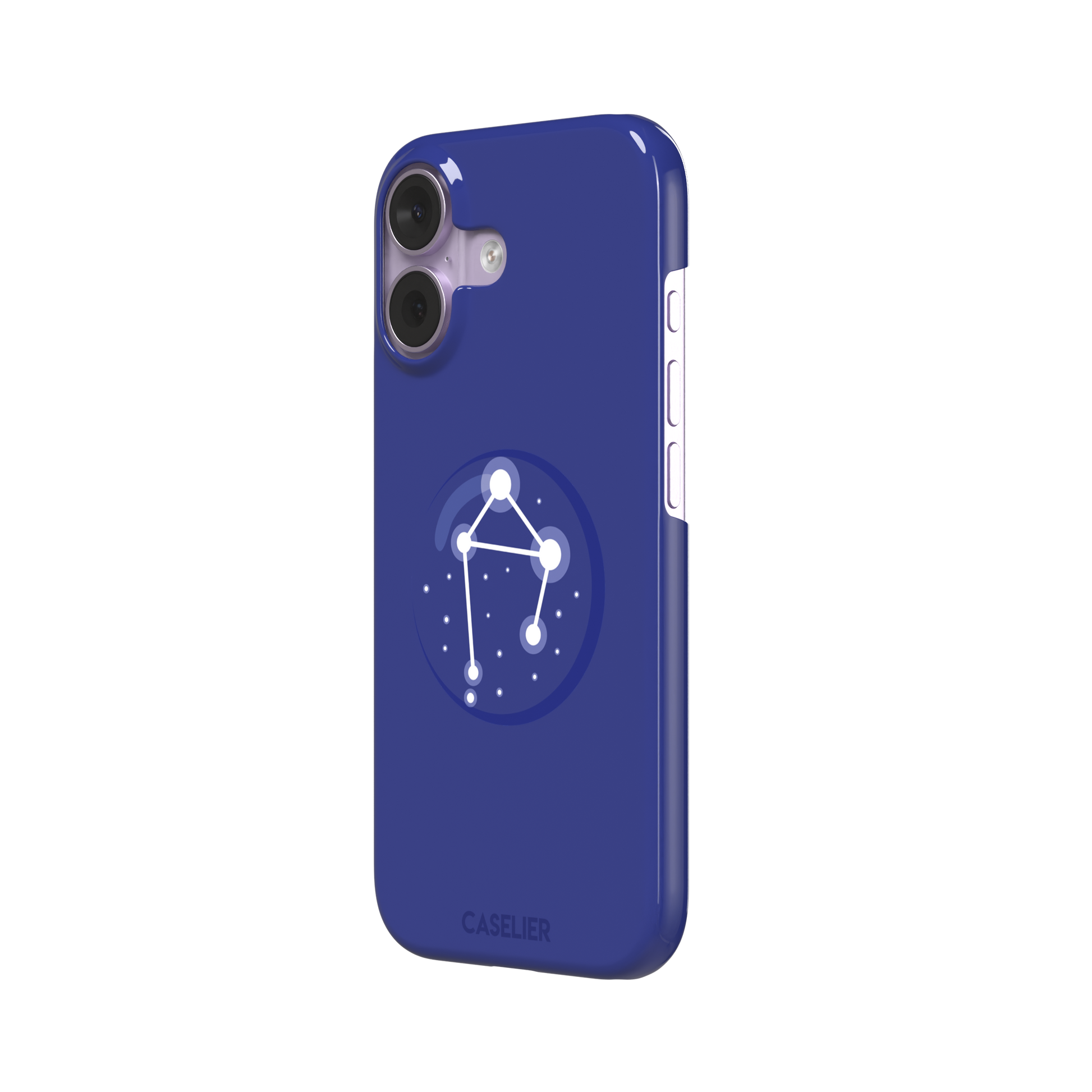 Starsigns phone case showing the Libra constellation as a glowing white balanced star map inside a blue orb on a cobalt blue case, phone case by Caselier — snap case, right view