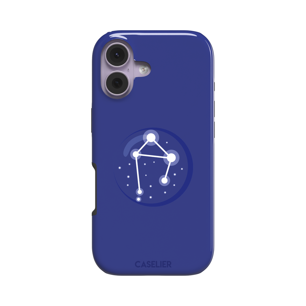 Starsigns phone case showing the Libra constellation as a glowing white balanced star map inside a blue orb on a cobalt blue case, phone case by Caselier — tough case, front view