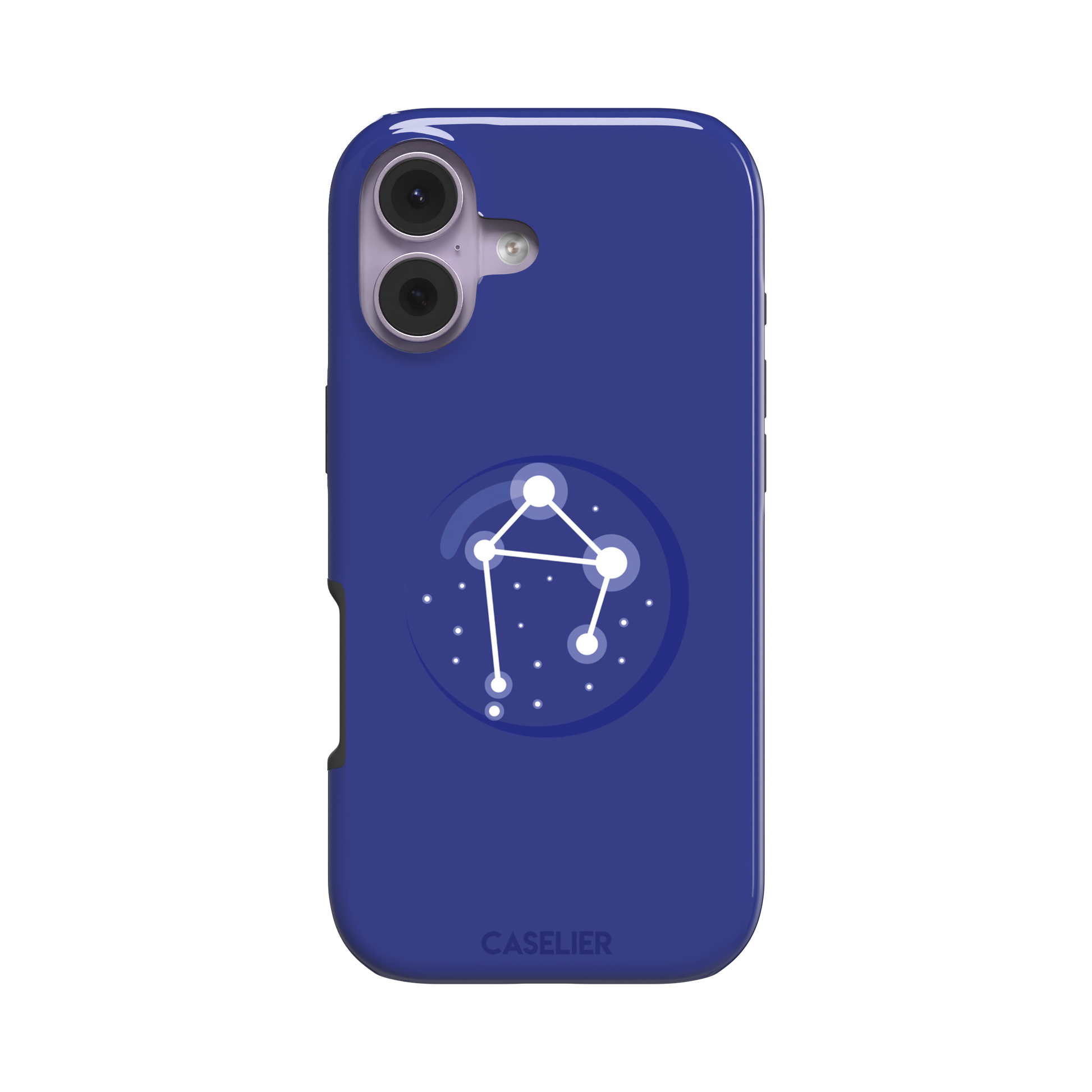 Starsigns phone case showing the Libra constellation as a glowing white balanced star map inside a blue orb on a cobalt blue case, phone case by Caselier — tough case, front view