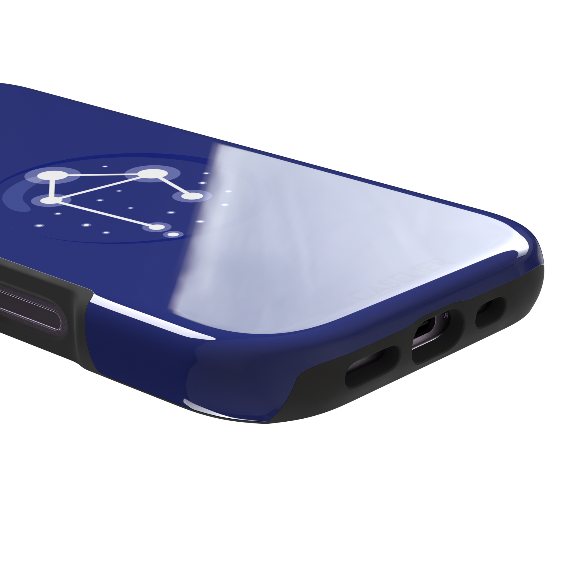 Starsigns phone case showing the Libra constellation as a glowing white balanced star map inside a blue orb on a cobalt blue case, phone case by Caselier — tough case, charging port detail