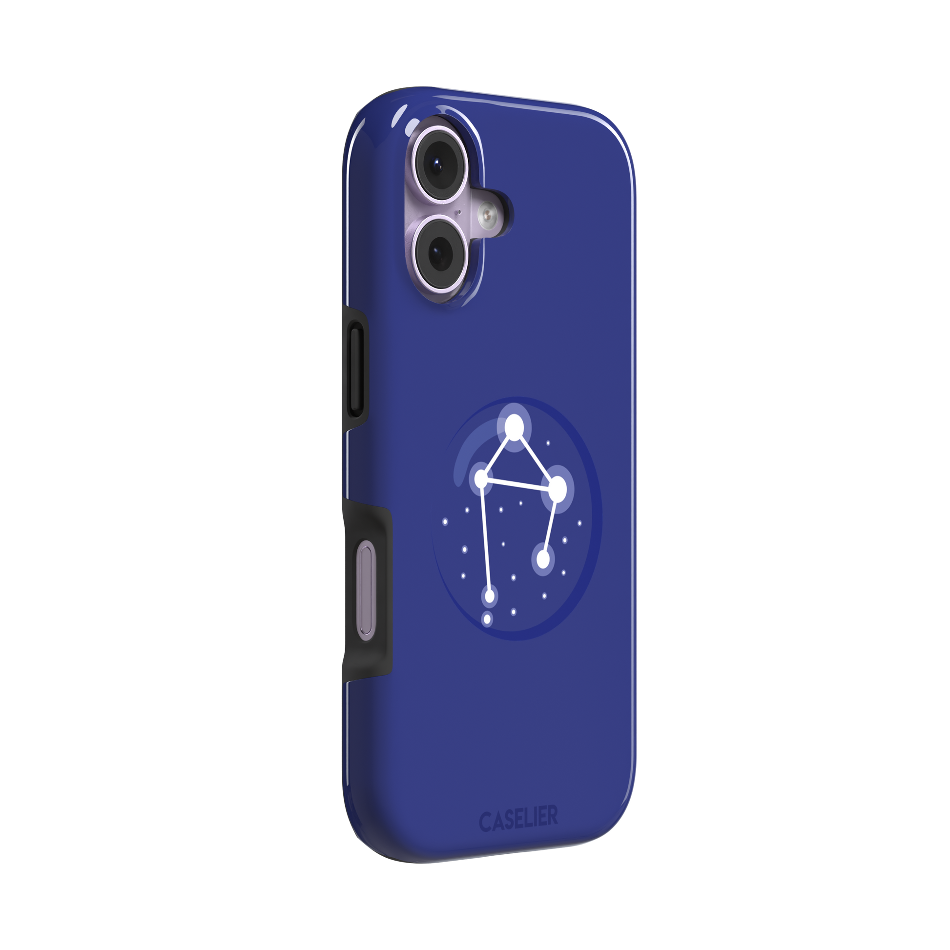 Starsigns phone case showing the Libra constellation as a glowing white balanced star map inside a blue orb on a cobalt blue case, phone case by Caselier — tough case, left view