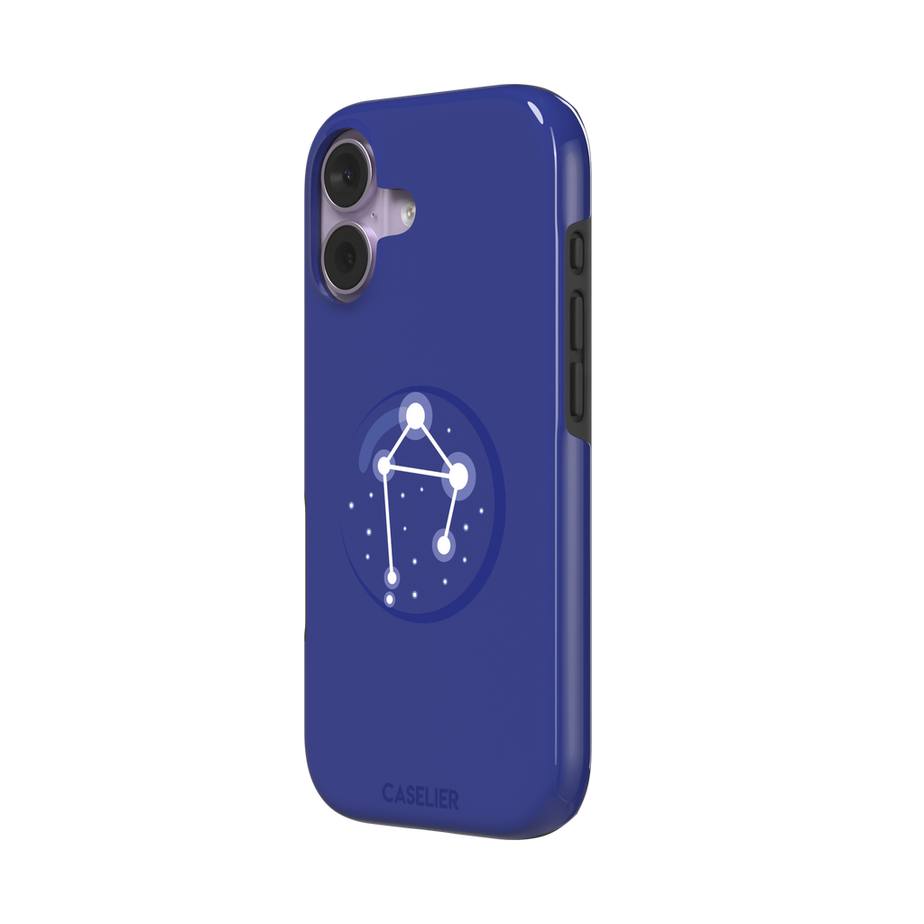 Starsigns phone case showing the Libra constellation as a glowing white balanced star map inside a blue orb on a cobalt blue case, phone case by Caselier — tough case, right view