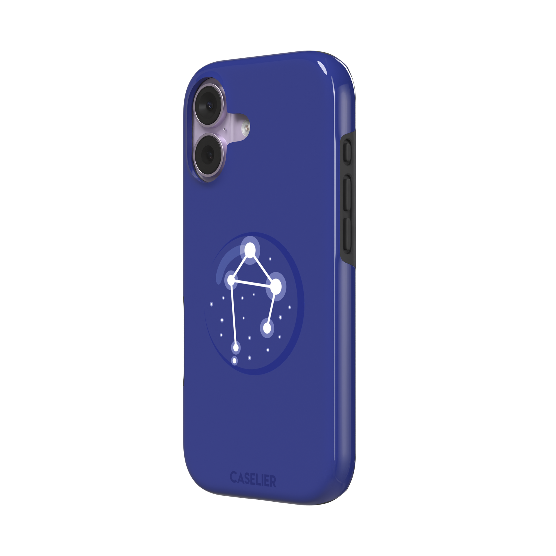 Starsigns phone case showing the Libra constellation as a glowing white balanced star map inside a blue orb on a cobalt blue case, phone case by Caselier — tough case, right view