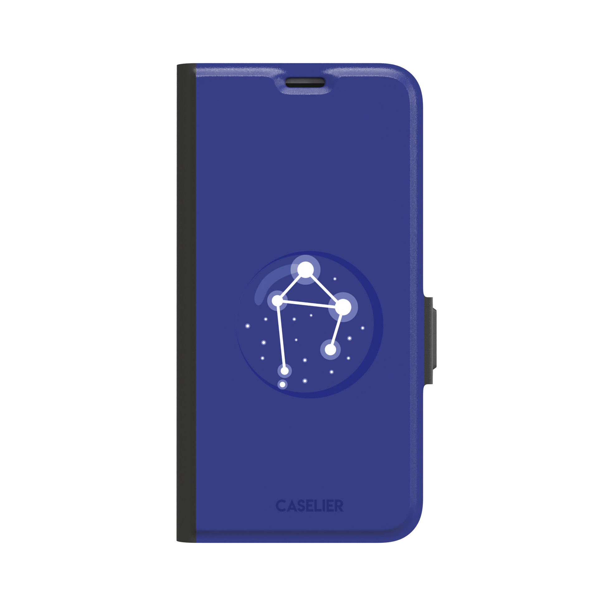 Starsigns phone case showing the Libra constellation as a glowing white balanced star map inside a blue orb on a cobalt blue case, phone case by Caselier — wallet case, front view