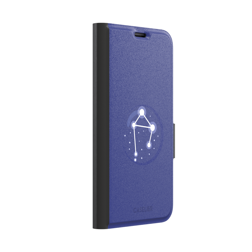 Starsigns phone case showing the Libra constellation as a glowing white balanced star map inside a blue orb on a cobalt blue case, phone case by Caselier — wallet case, left view
