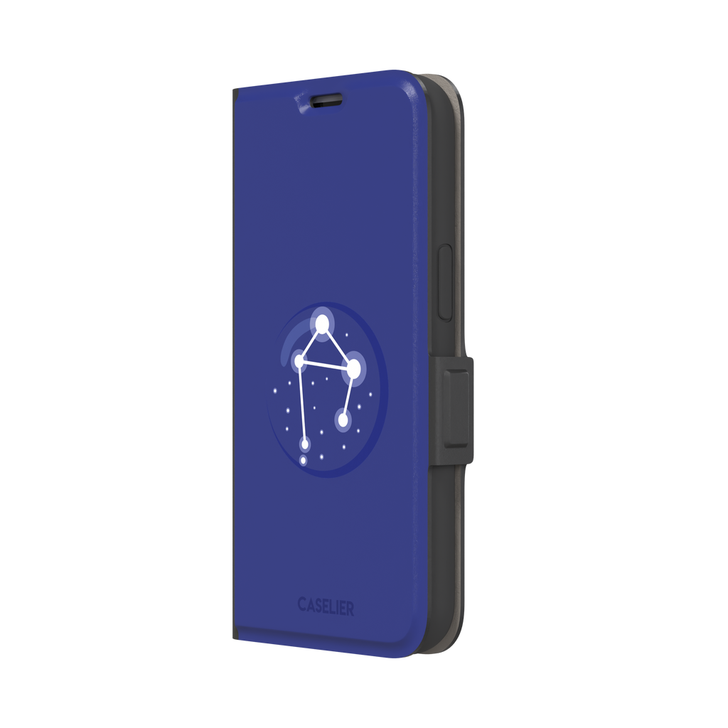 Starsigns phone case showing the Libra constellation as a glowing white balanced star map inside a blue orb on a cobalt blue case, phone case by Caselier — wallet case, right view