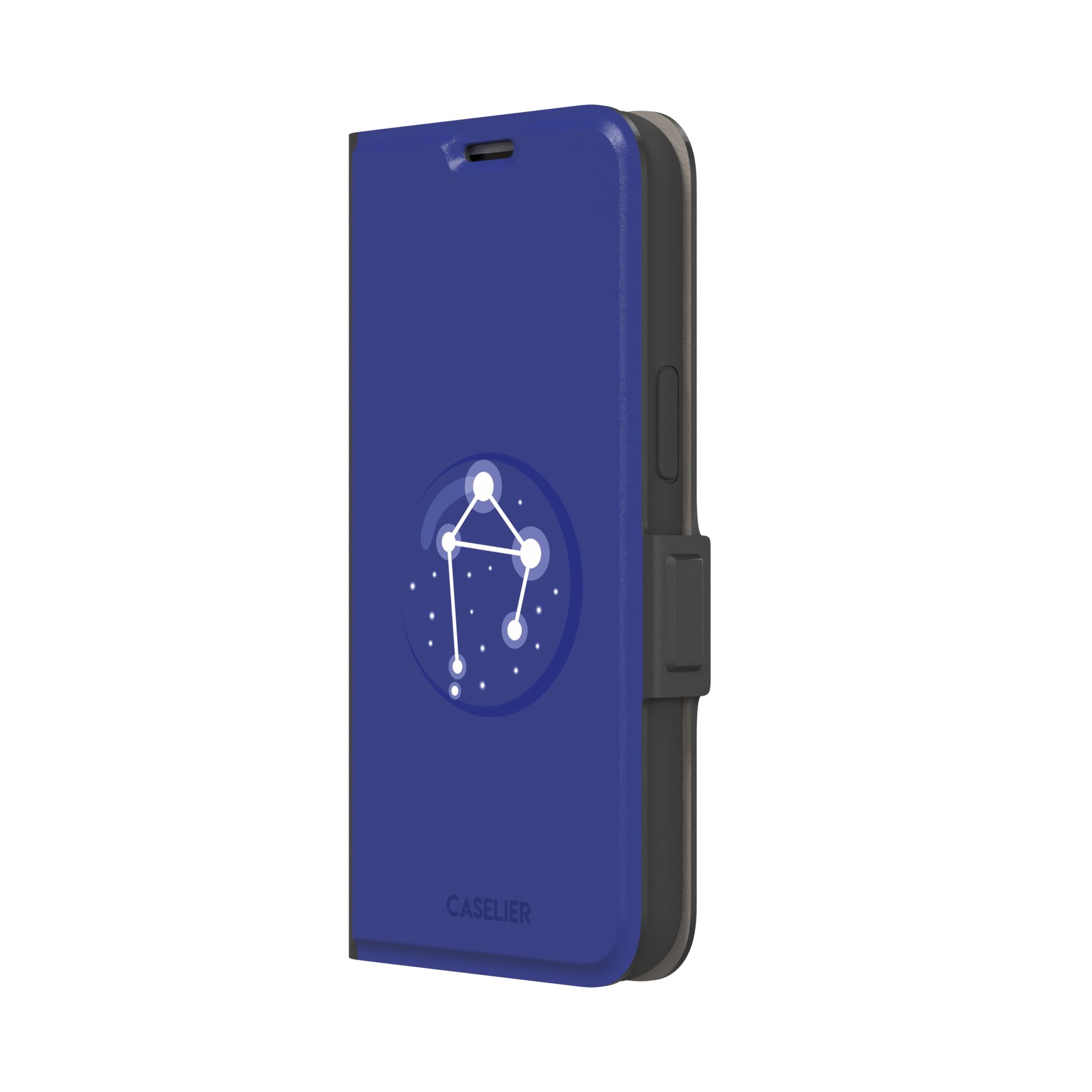 Starsigns phone case showing the Libra constellation as a glowing white balanced star map inside a blue orb on a cobalt blue case, phone case by Caselier — wallet case, right view
