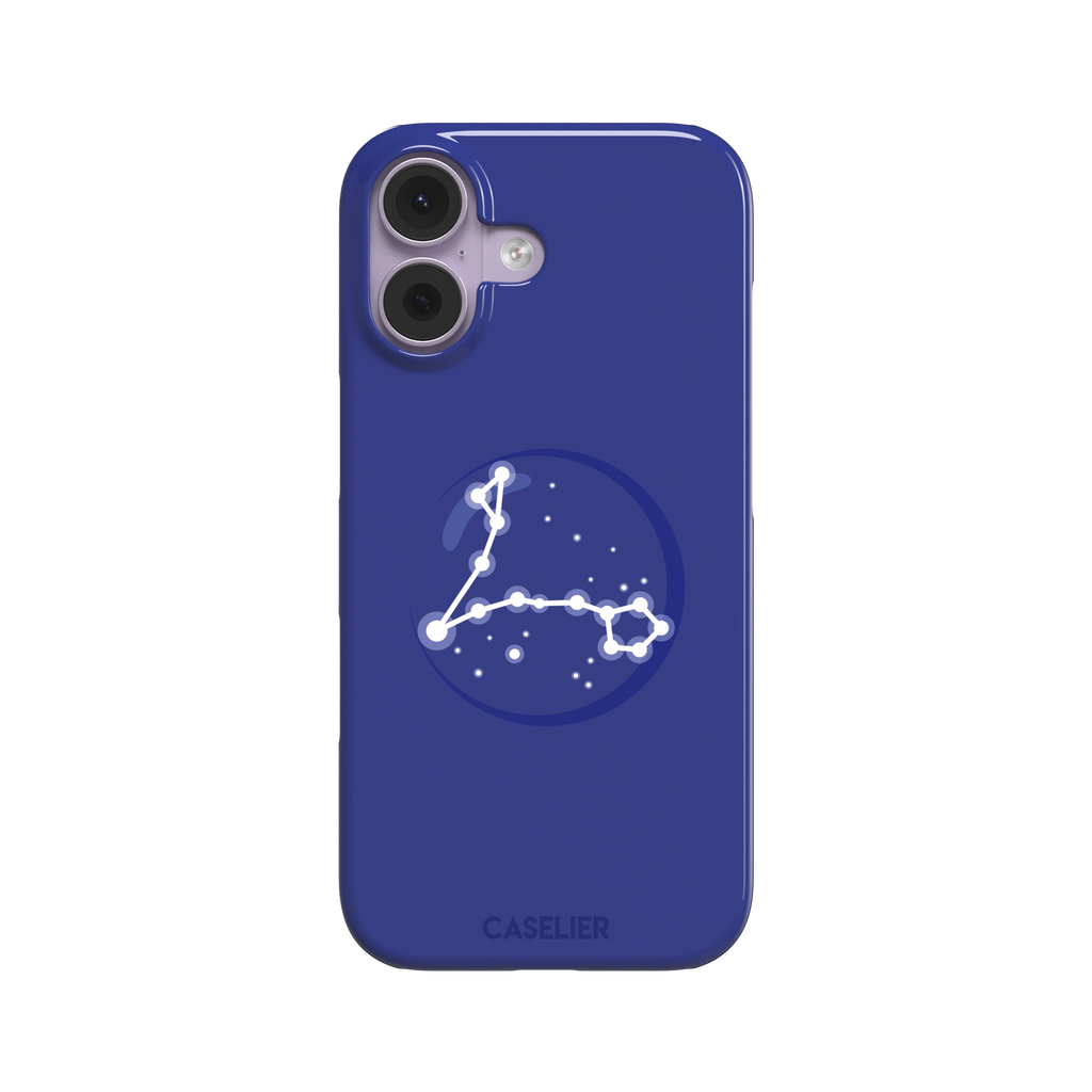 Starsigns phone case showing the Pisces constellation as a glowing white elongated star map inside a blue orb on a cobalt blue case, phone case by Caselier — snap case, front view