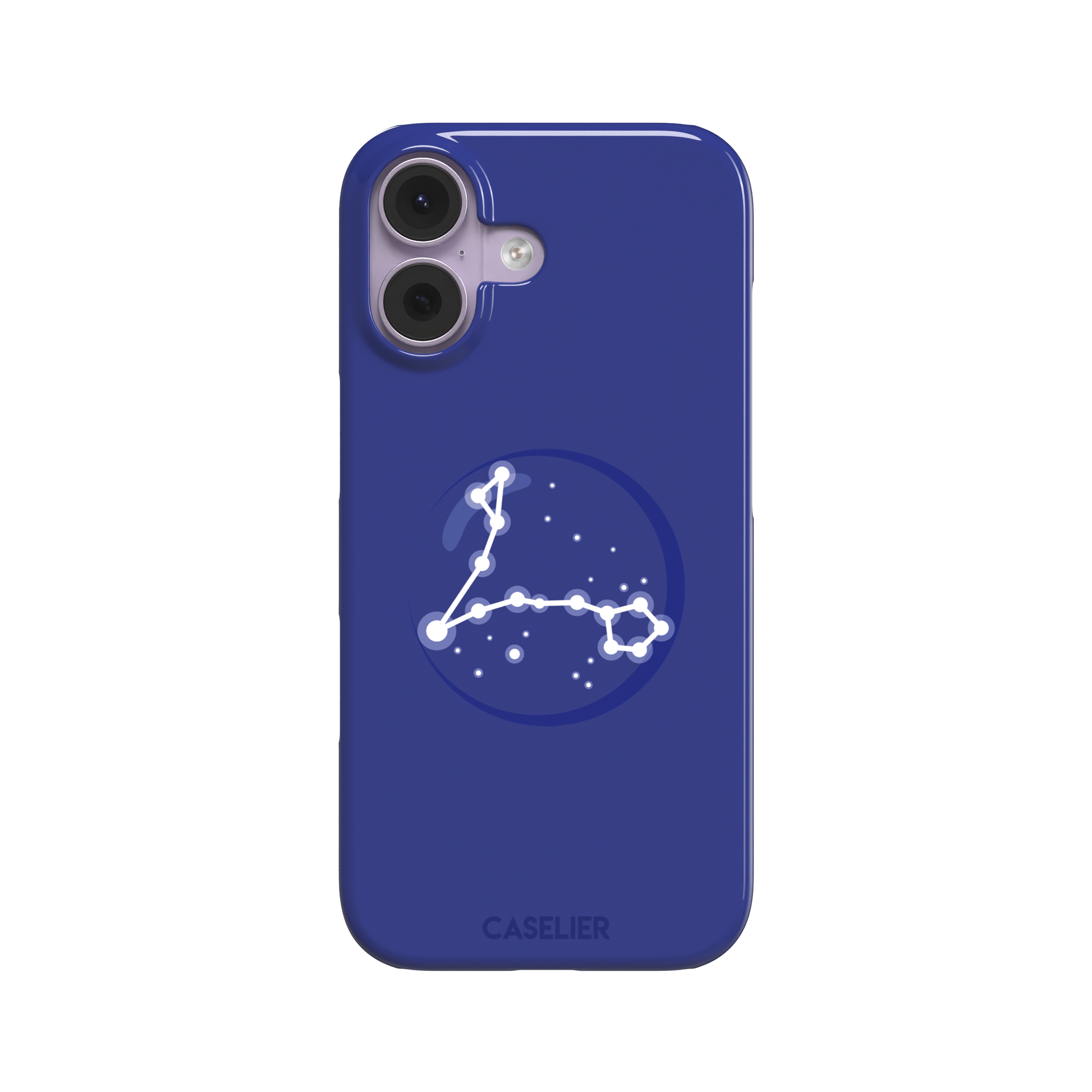 Starsigns phone case showing the Pisces constellation as a glowing white elongated star map inside a blue orb on a cobalt blue case, phone case by Caselier — snap case, front view