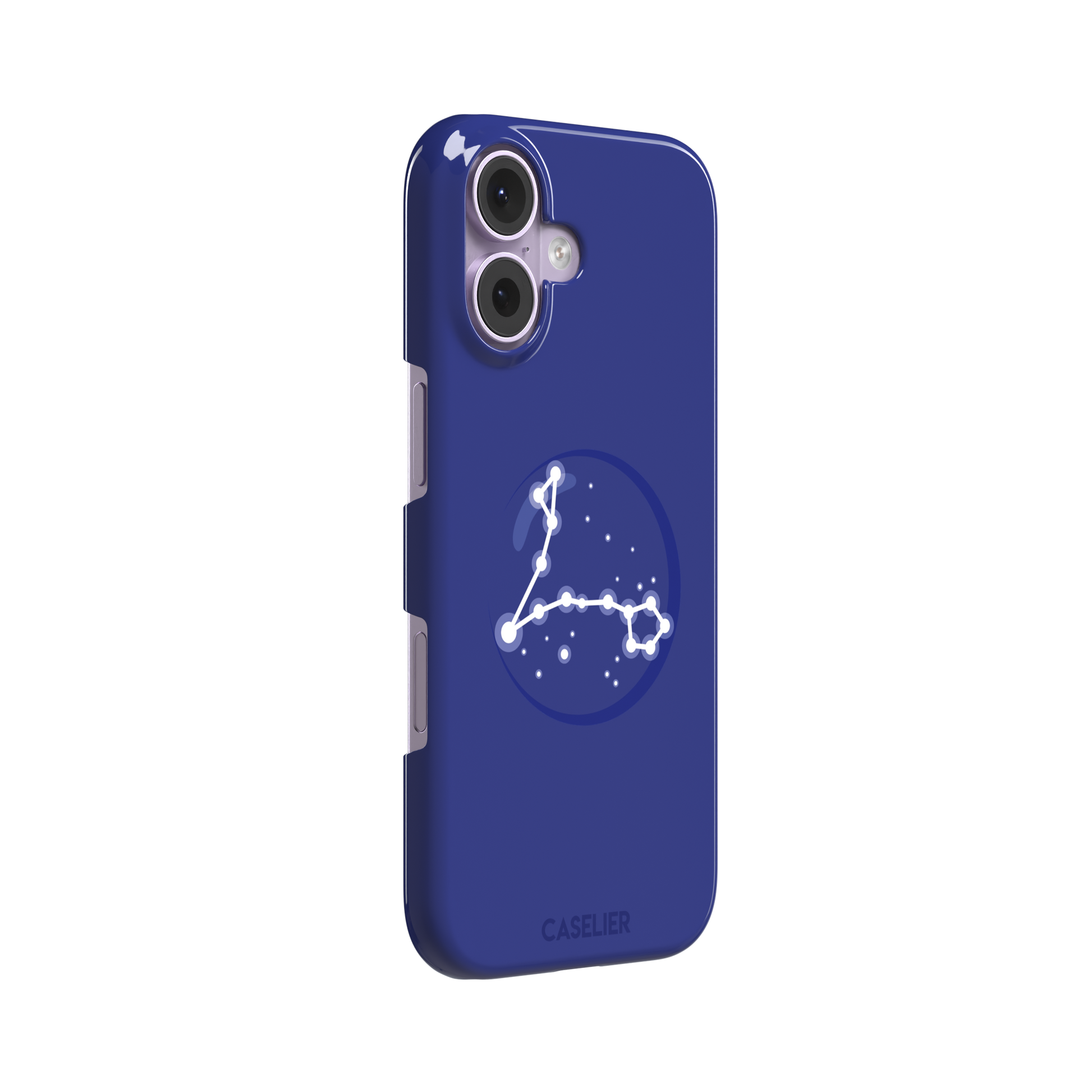Starsigns phone case showing the Pisces constellation as a glowing white elongated star map inside a blue orb on a cobalt blue case, phone case by Caselier — snap case, left view