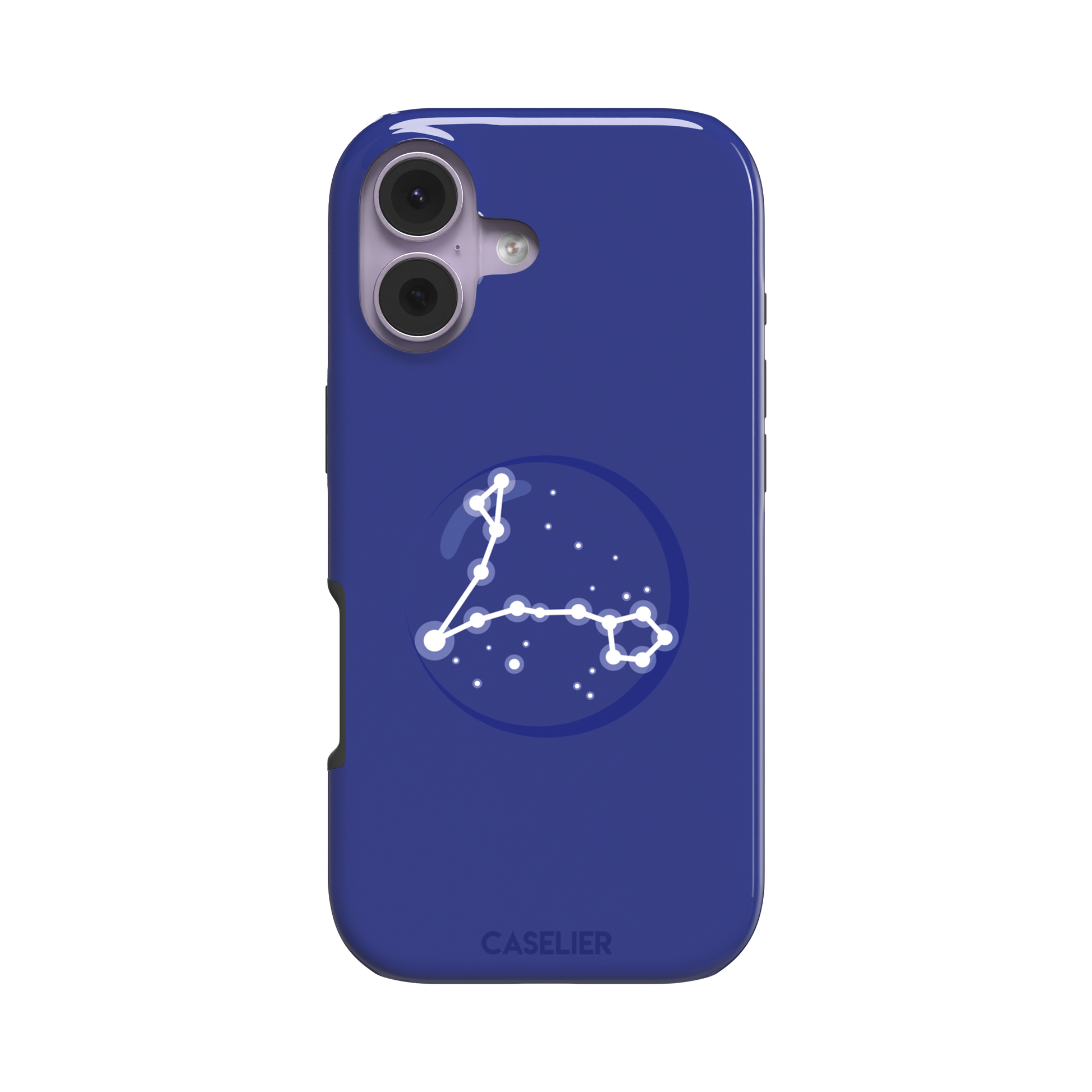 Starsigns phone case showing the Pisces constellation as a glowing white elongated star map inside a blue orb on a cobalt blue case, phone case by Caselier — tough case, front view