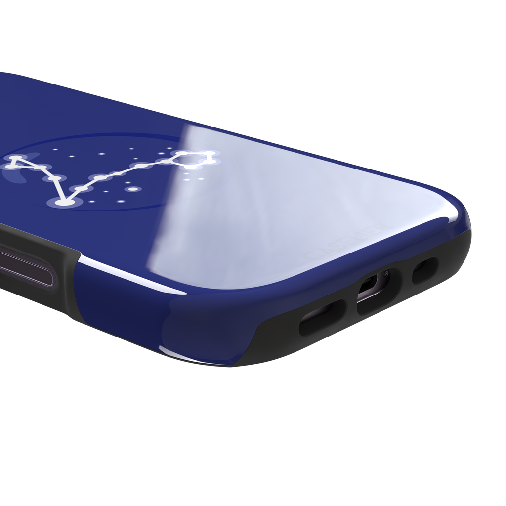 Starsigns phone case showing the Pisces constellation as a glowing white elongated star map inside a blue orb on a cobalt blue case, phone case by Caselier — tough case, charging port detail