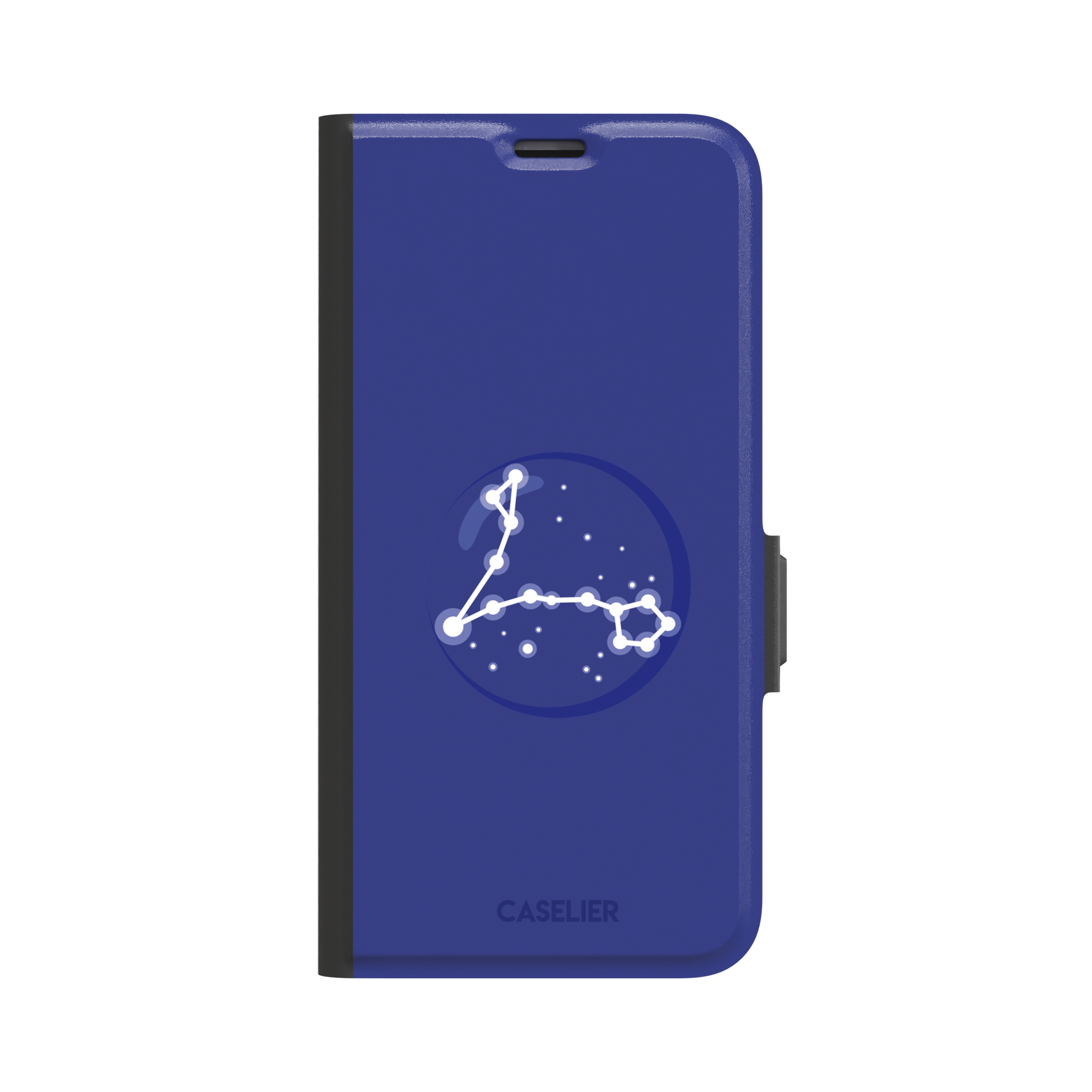 Starsigns phone case showing the Pisces constellation as a glowing white elongated star map inside a blue orb on a cobalt blue case, phone case by Caselier — wallet case, front view