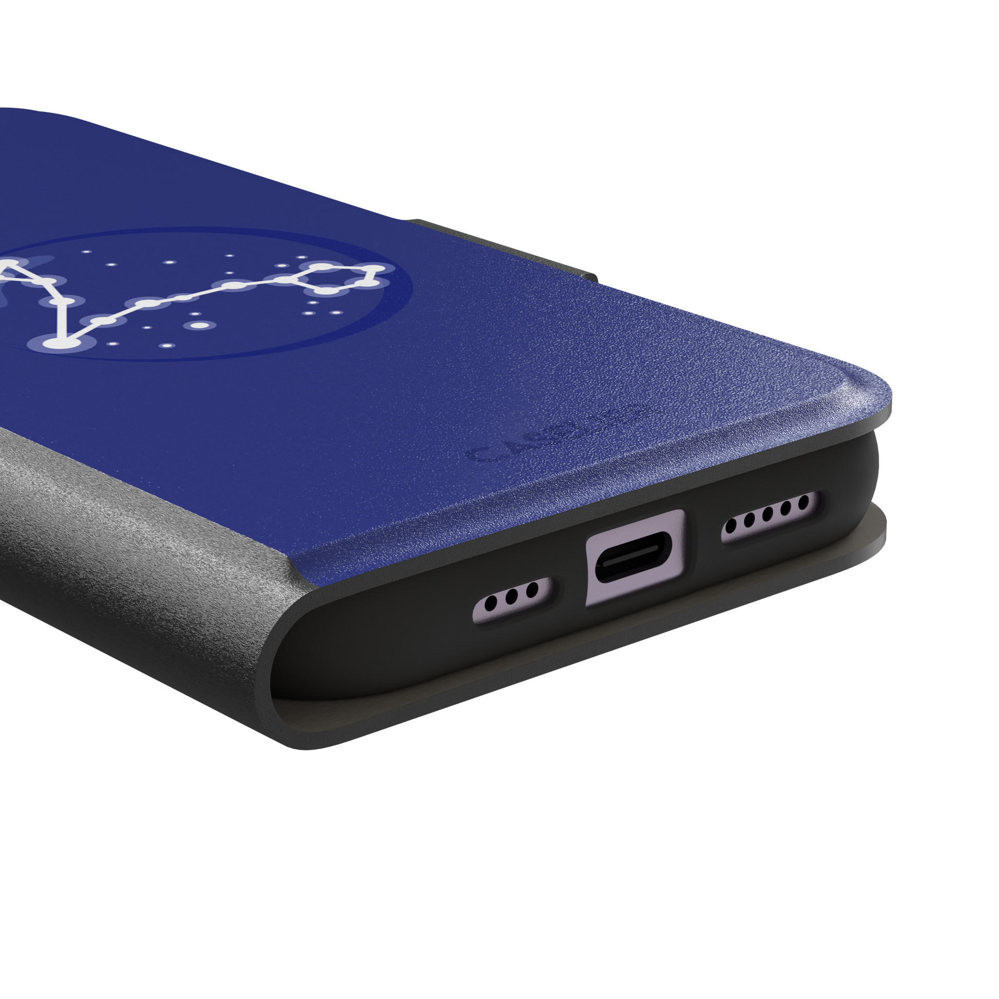 Starsigns phone case showing the Pisces constellation as a glowing white elongated star map inside a blue orb on a cobalt blue case, phone case by Caselier — wallet case, charging port detail