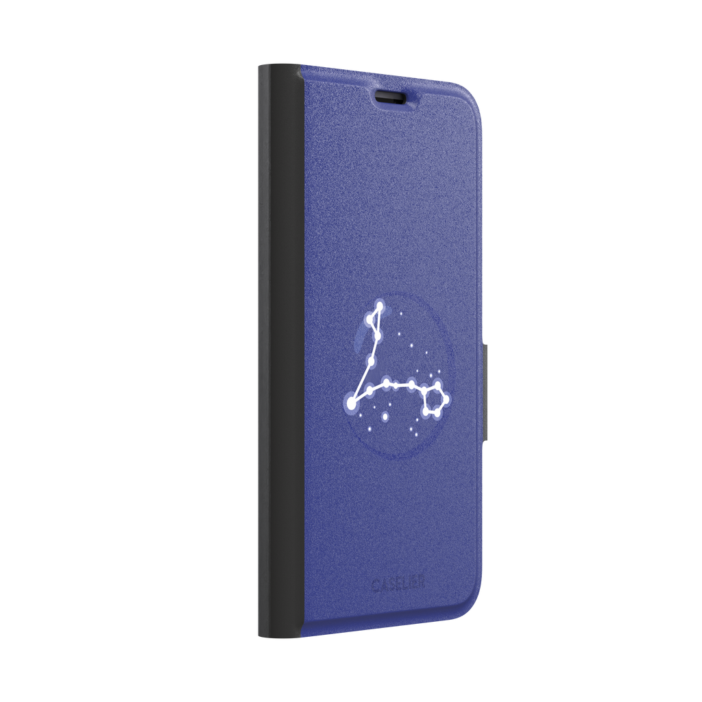 Starsigns phone case showing the Pisces constellation as a glowing white elongated star map inside a blue orb on a cobalt blue case, phone case by Caselier — wallet case, left view