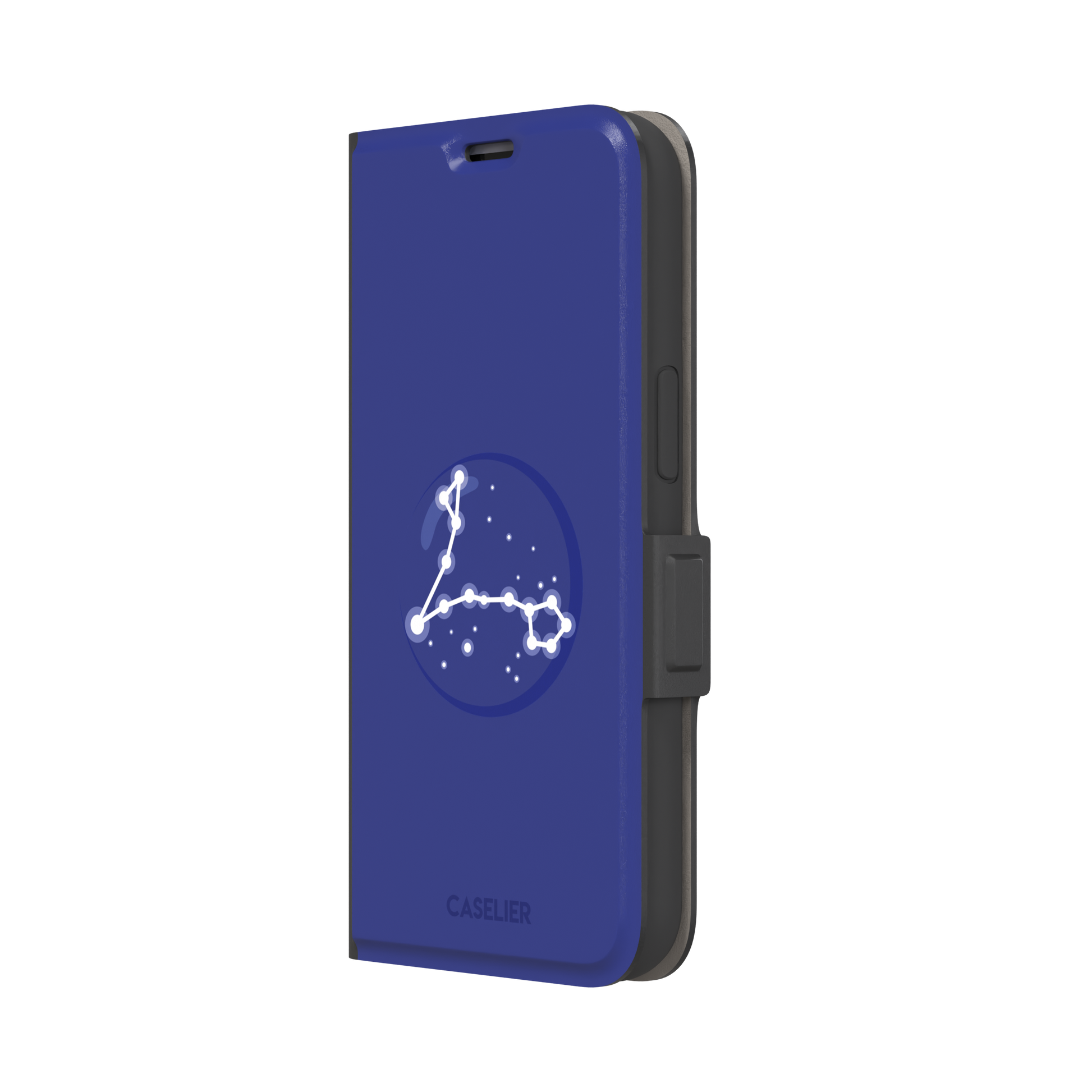 Starsigns phone case showing the Pisces constellation as a glowing white elongated star map inside a blue orb on a cobalt blue case, phone case by Caselier — wallet case, right view