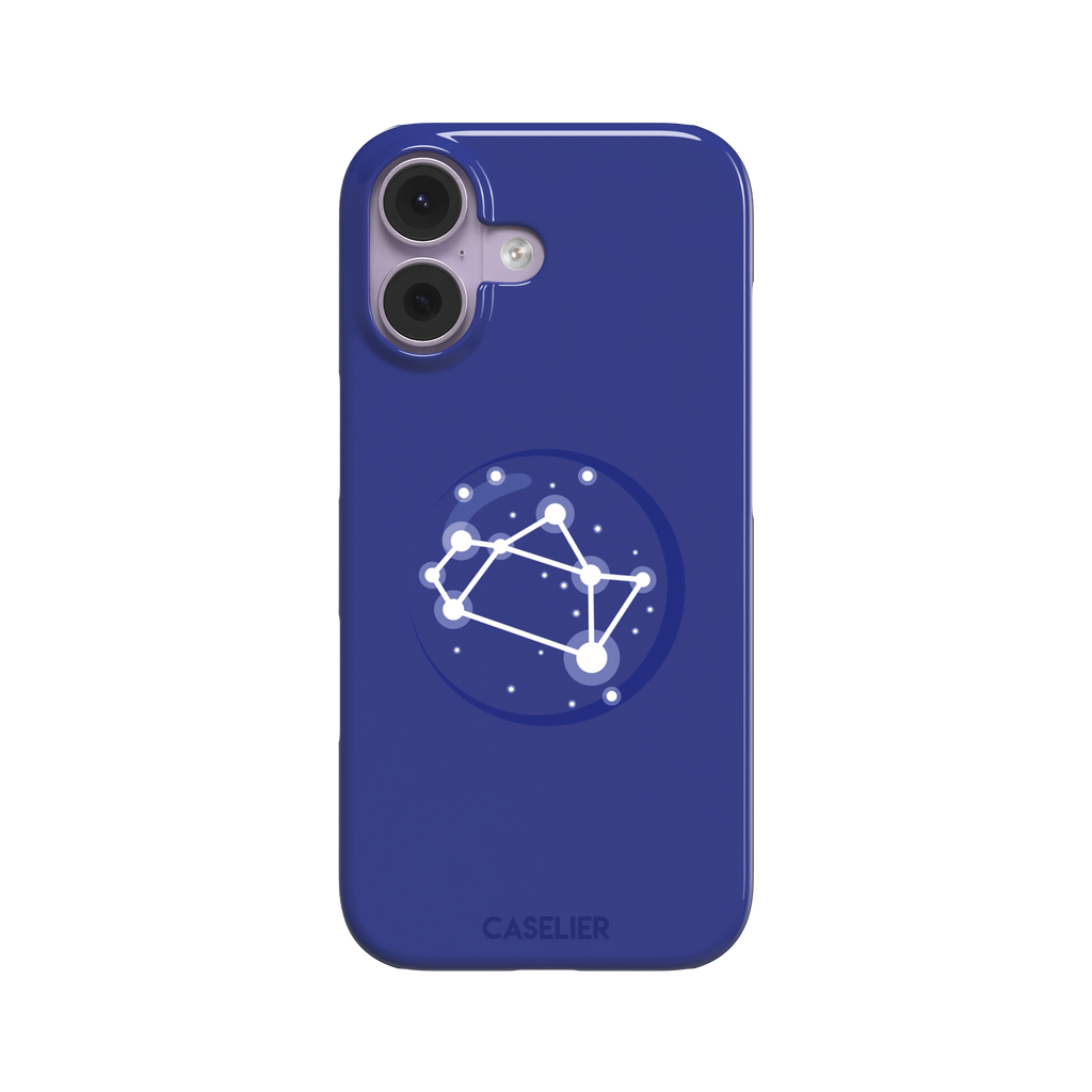 Starsigns phone case showing the Sagittarius constellation as a glowing white rectangular star map inside a blue orb on a cobalt blue case, phone case by Caselier — snap case, front view