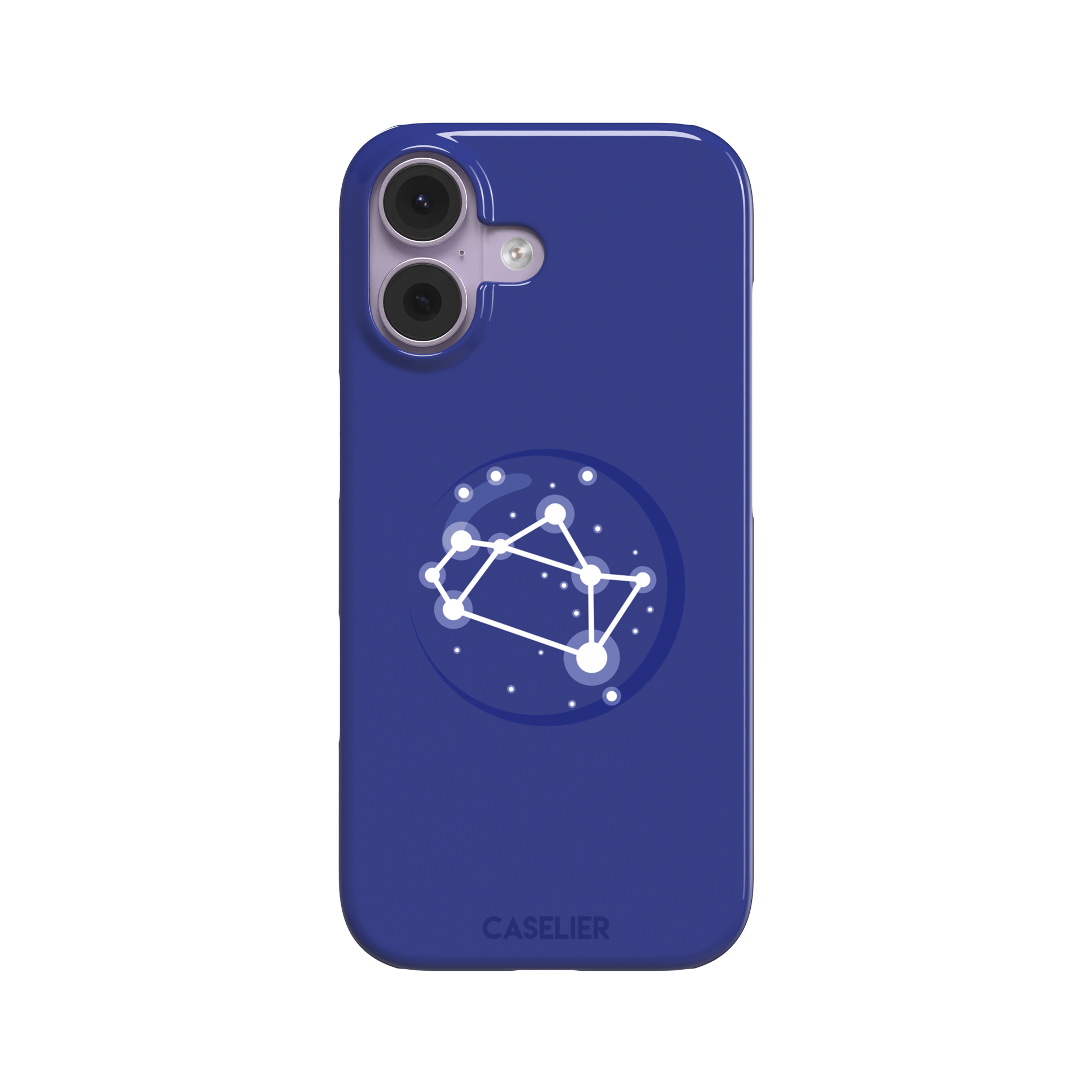 Starsigns phone case showing the Sagittarius constellation as a glowing white rectangular star map inside a blue orb on a cobalt blue case, phone case by Caselier — snap case, front view