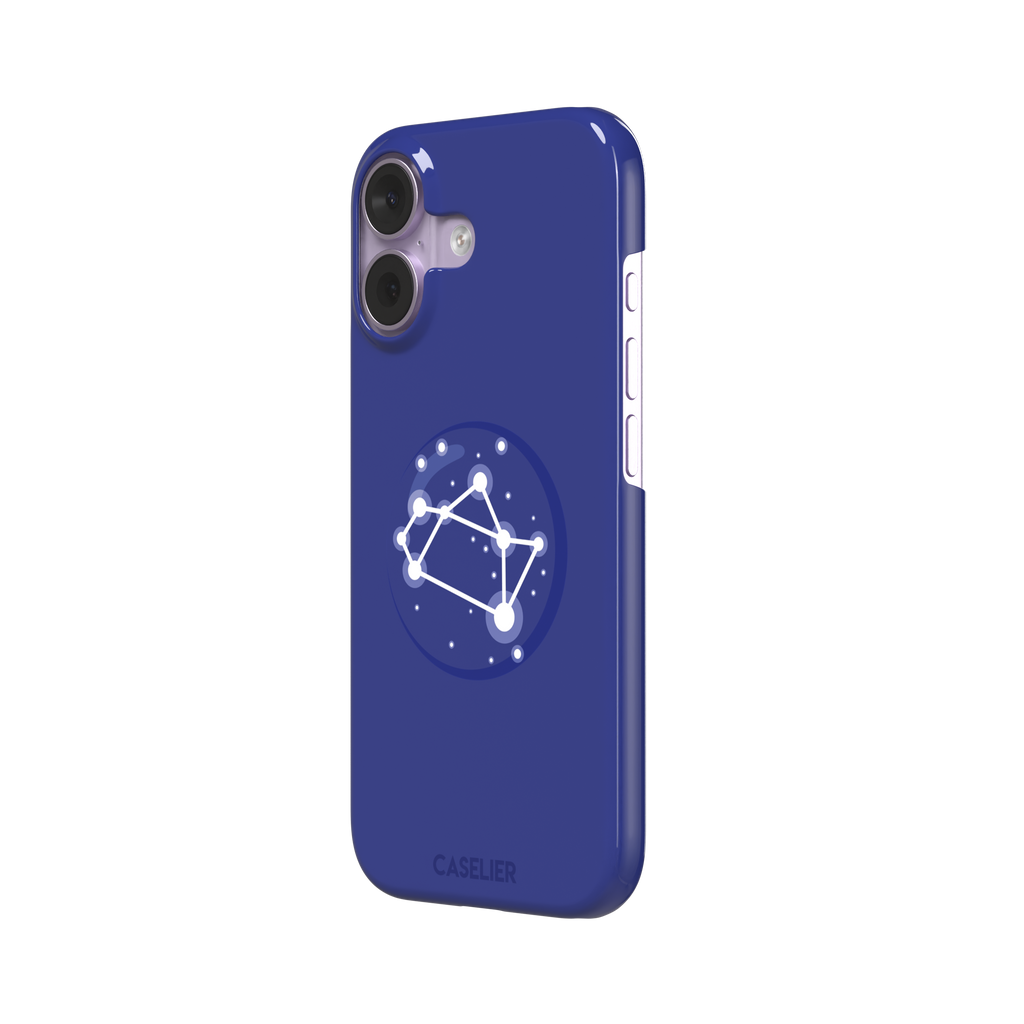 Starsigns phone case showing the Sagittarius constellation as a glowing white rectangular star map inside a blue orb on a cobalt blue case, phone case by Caselier — snap case, right view