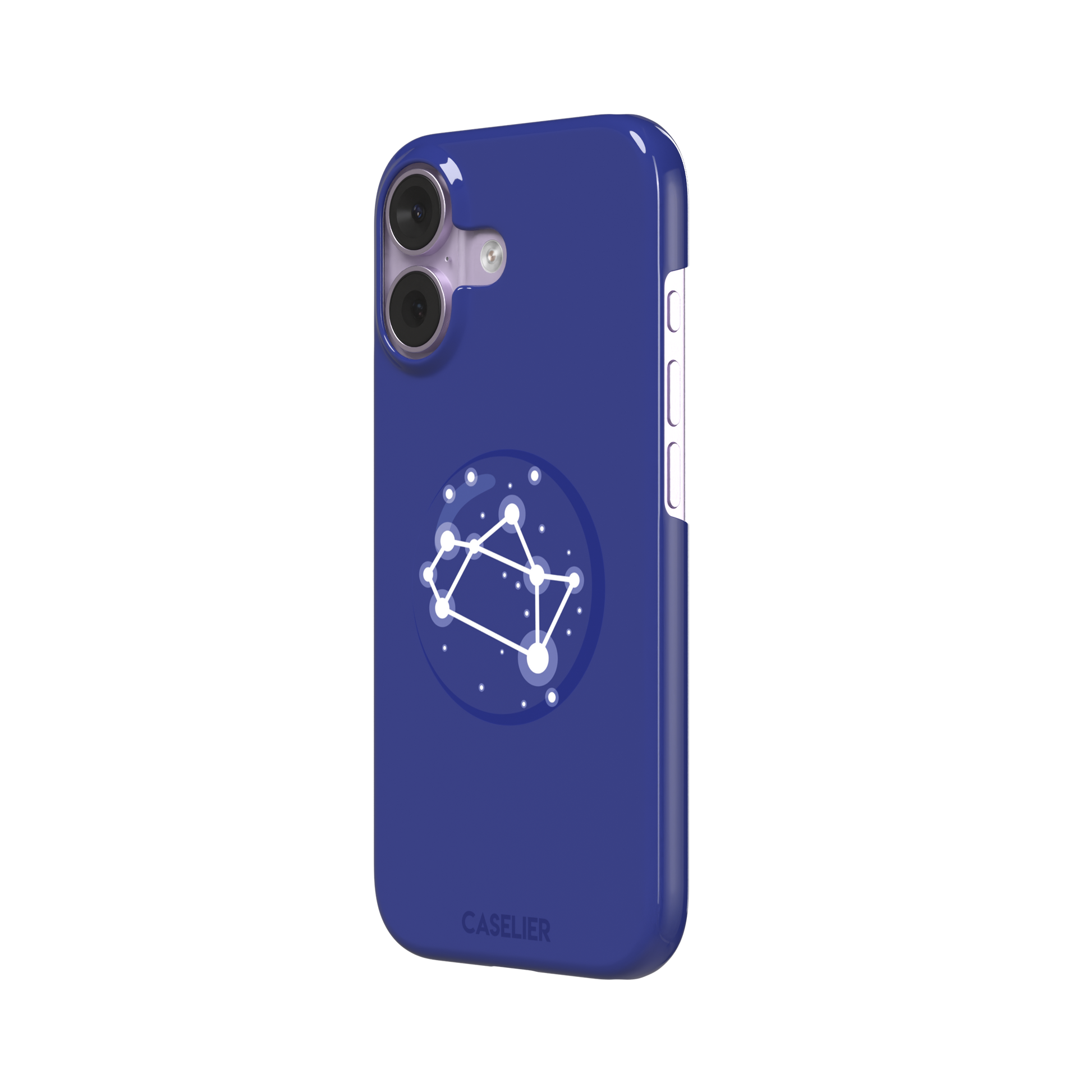 Starsigns phone case showing the Sagittarius constellation as a glowing white rectangular star map inside a blue orb on a cobalt blue case, phone case by Caselier — snap case, right view