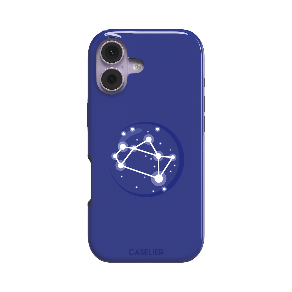 Starsigns phone case showing the Sagittarius constellation as a glowing white rectangular star map inside a blue orb on a cobalt blue case, phone case by Caselier — tough case, front view