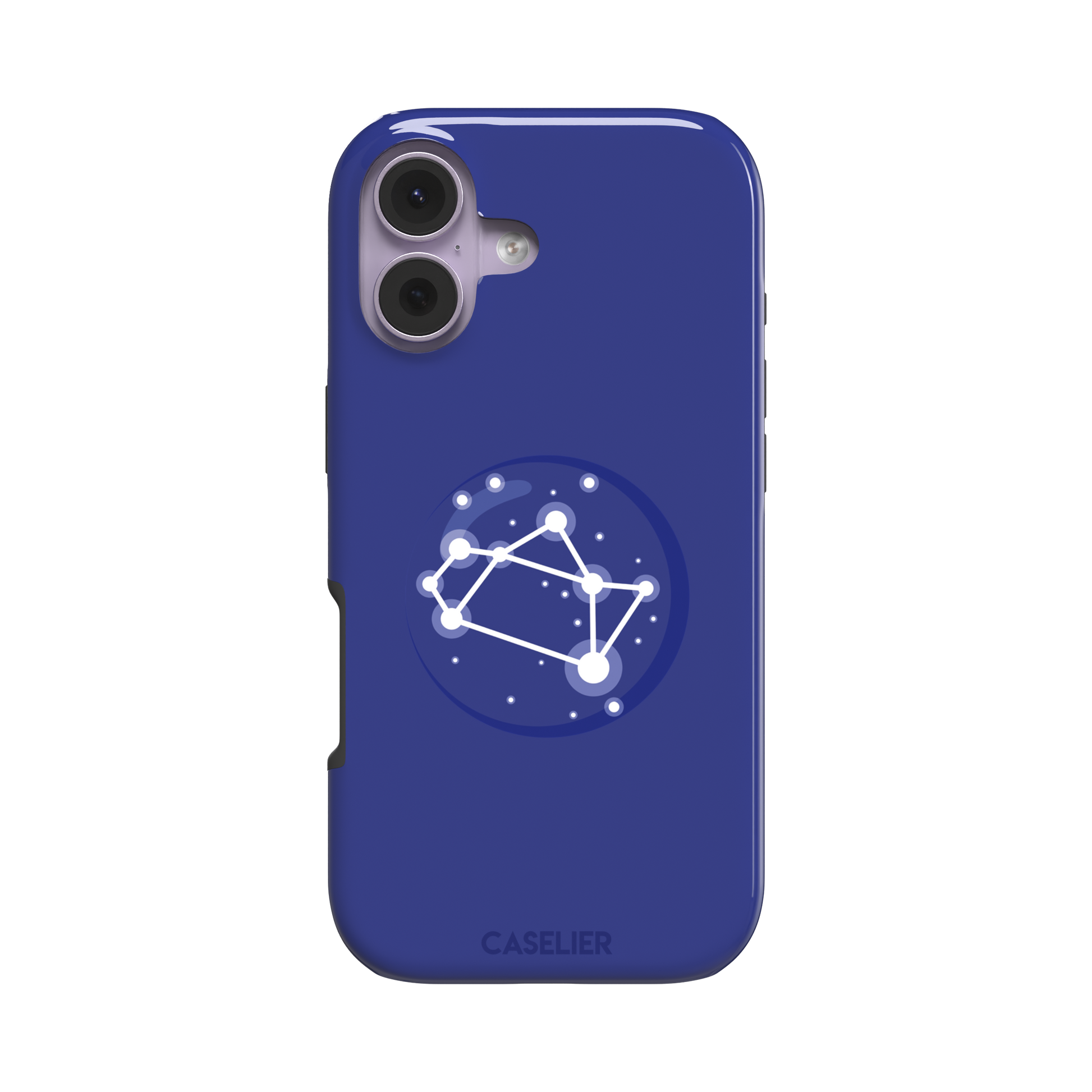 Starsigns phone case showing the Sagittarius constellation as a glowing white rectangular star map inside a blue orb on a cobalt blue case, phone case by Caselier — tough case, front view