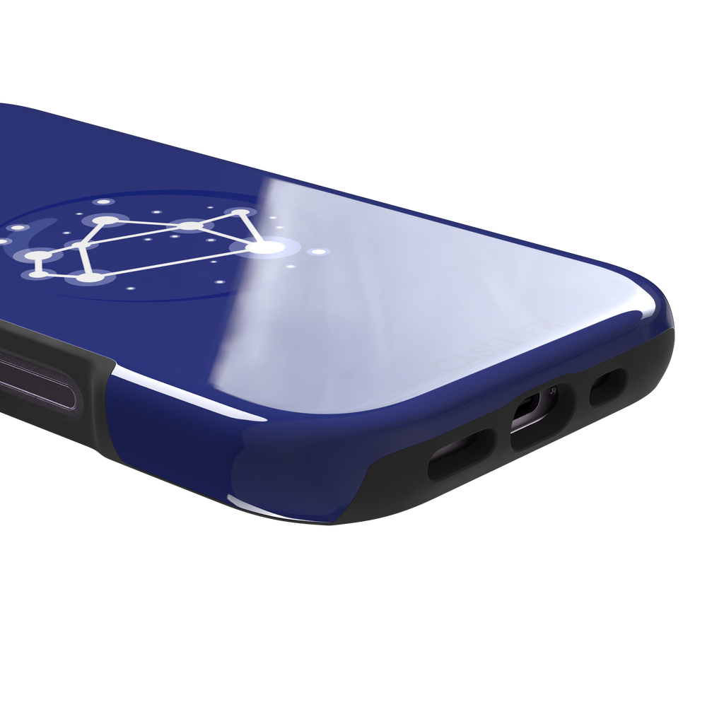 Starsigns phone case showing the Sagittarius constellation as a glowing white rectangular star map inside a blue orb on a cobalt blue case, phone case by Caselier — tough case, charging port detail