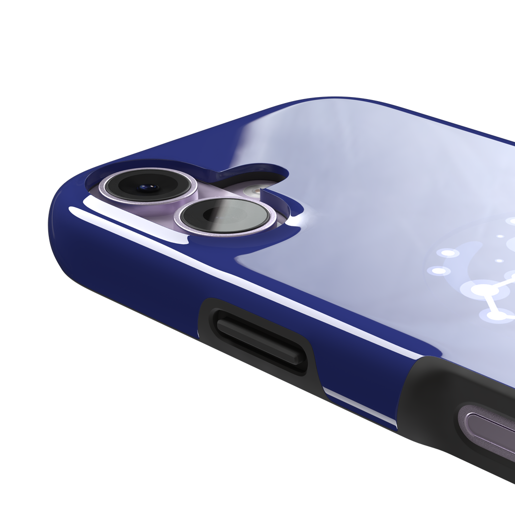 Starsigns phone case showing the Sagittarius constellation as a glowing white rectangular star map inside a blue orb on a cobalt blue case, phone case by Caselier — tough case, volume buttons detail