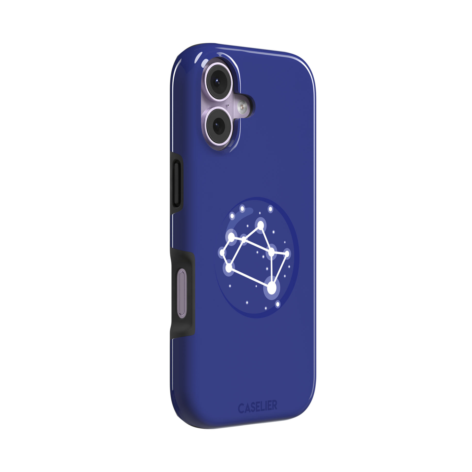 Starsigns phone case showing the Sagittarius constellation as a glowing white rectangular star map inside a blue orb on a cobalt blue case, phone case by Caselier — tough case, left view