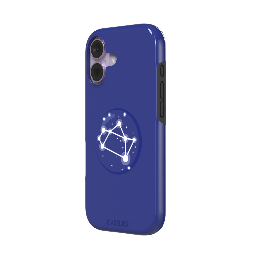 Starsigns phone case showing the Sagittarius constellation as a glowing white rectangular star map inside a blue orb on a cobalt blue case, phone case by Caselier — tough case, right view