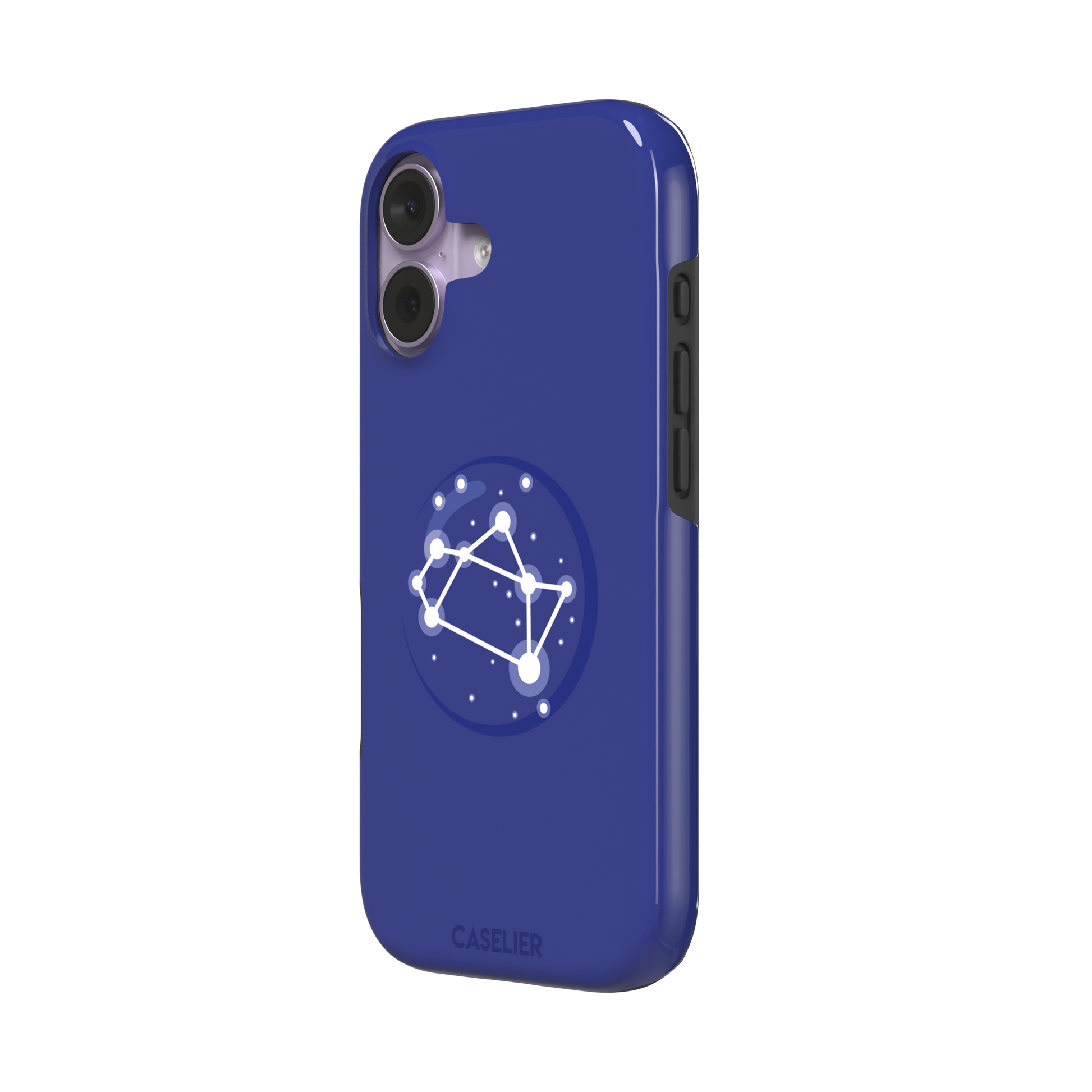 Starsigns phone case showing the Sagittarius constellation as a glowing white rectangular star map inside a blue orb on a cobalt blue case, phone case by Caselier — tough case, right view