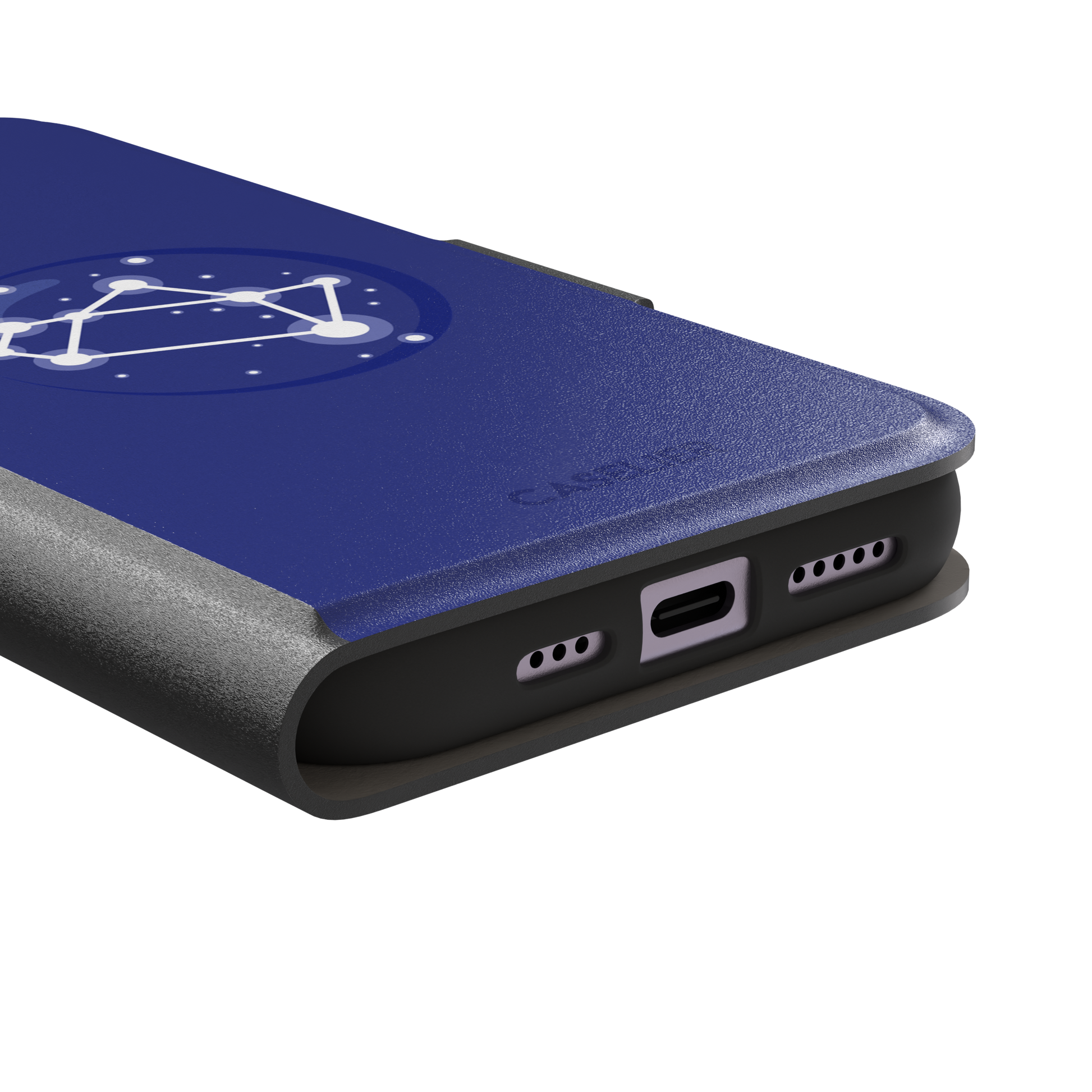 Starsigns phone case showing the Sagittarius constellation as a glowing white rectangular star map inside a blue orb on a cobalt blue case, phone case by Caselier — wallet case, charging port detail