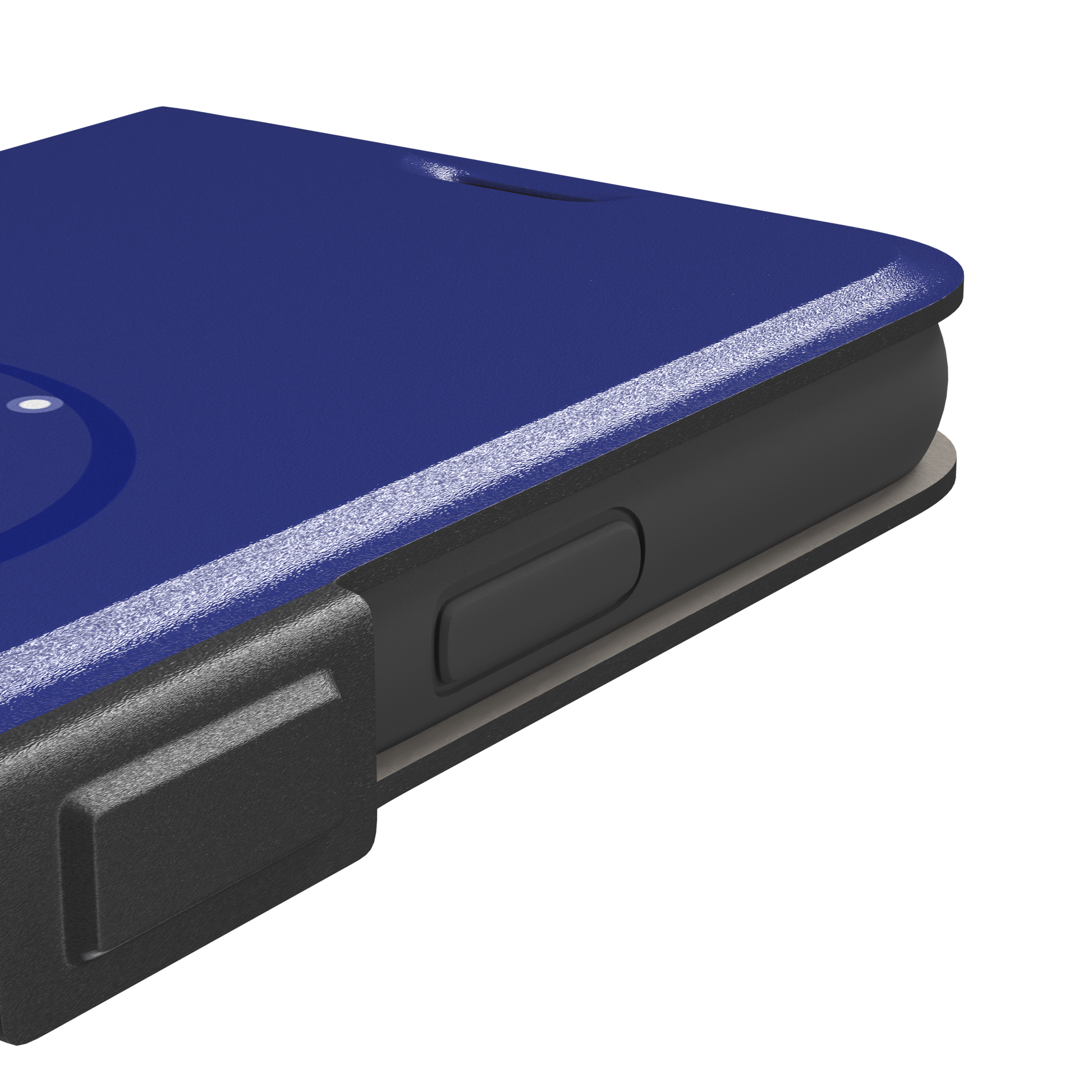 Starsigns phone case showing the Sagittarius constellation as a glowing white rectangular star map inside a blue orb on a cobalt blue case, phone case by Caselier — wallet case, volume buttons detail
