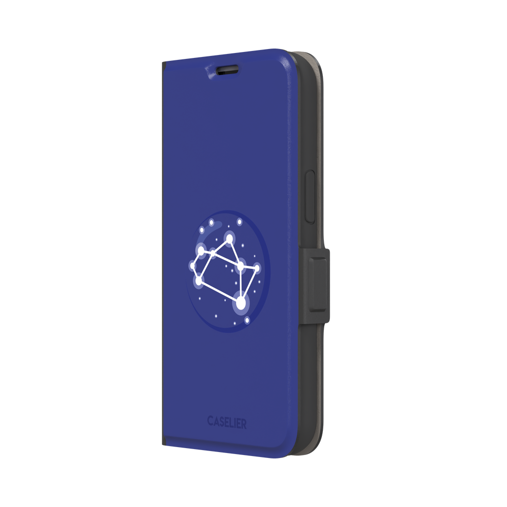 Starsigns phone case showing the Sagittarius constellation as a glowing white rectangular star map inside a blue orb on a cobalt blue case, phone case by Caselier — wallet case, right view