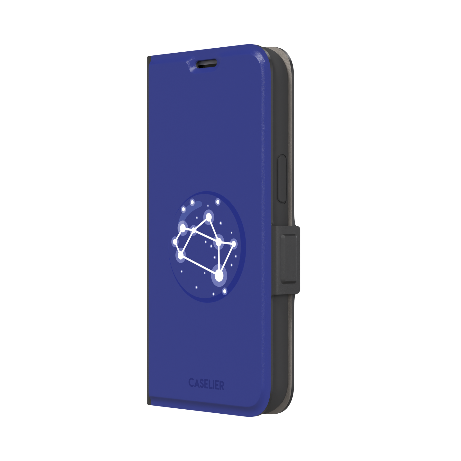 Starsigns phone case showing the Sagittarius constellation as a glowing white rectangular star map inside a blue orb on a cobalt blue case, phone case by Caselier — wallet case, right view